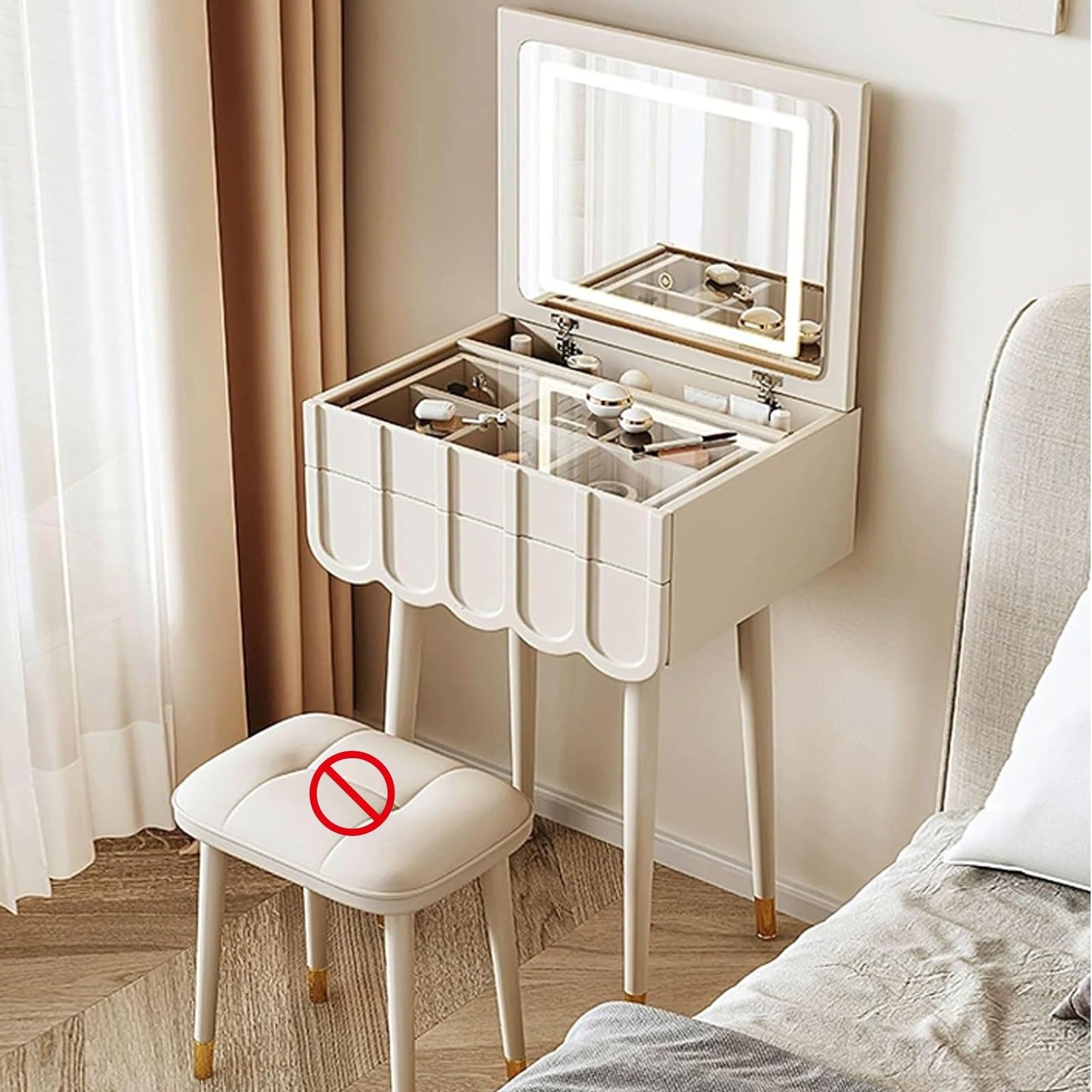 Ele Biały stół do makijażu Vani z lustrem z klapką, drewniana toaletka z dzwonkiem, trójkolorowe światła LED, ukryty kot, wzór Cact 60 cm / 23.6in