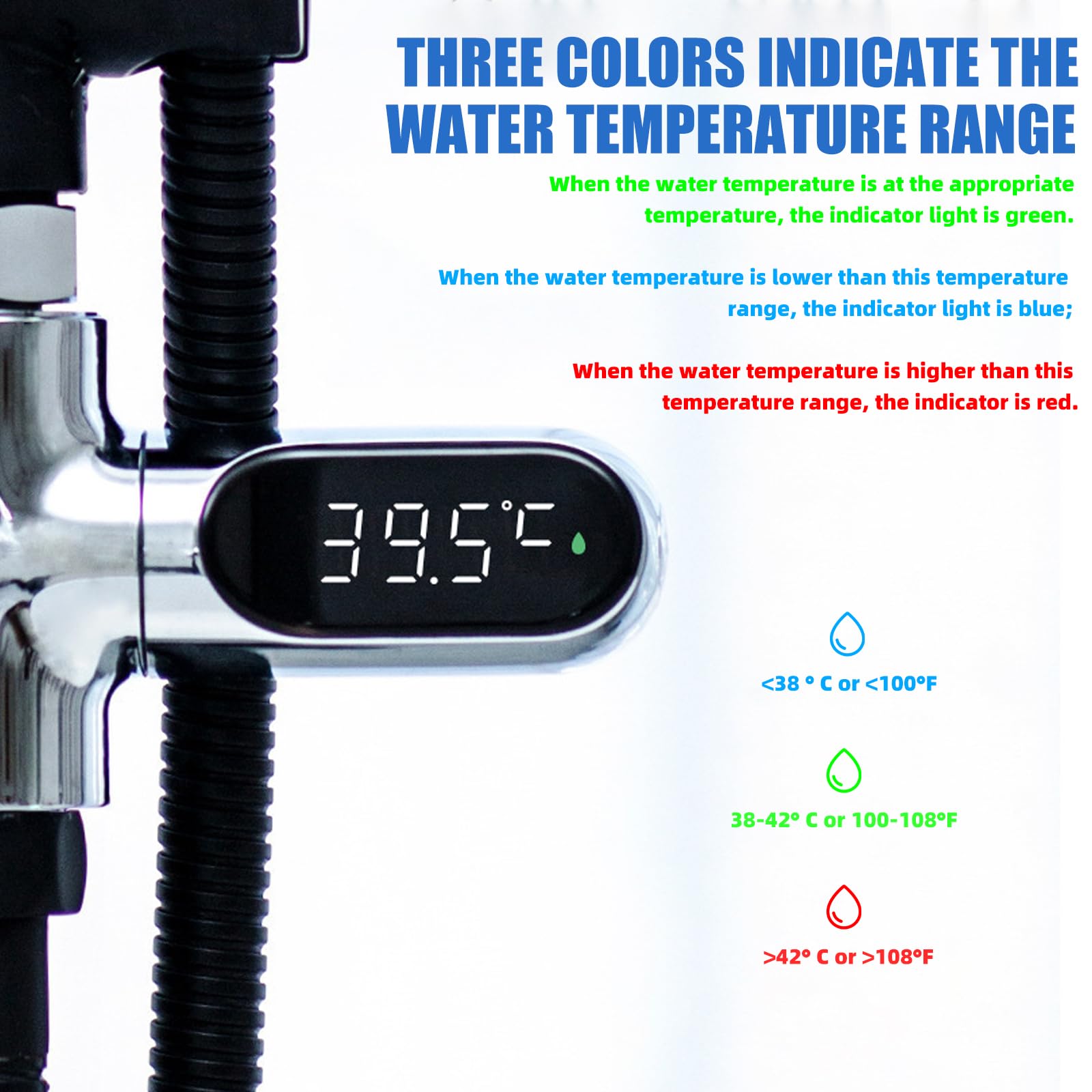 BAIFULAI Thermomètre numérique LED pour la salle de bain, de 0 à 100 ℃, en temps réel, débit d'eau avec écran pivotant à 360°, pour enfants, douche, baignoire