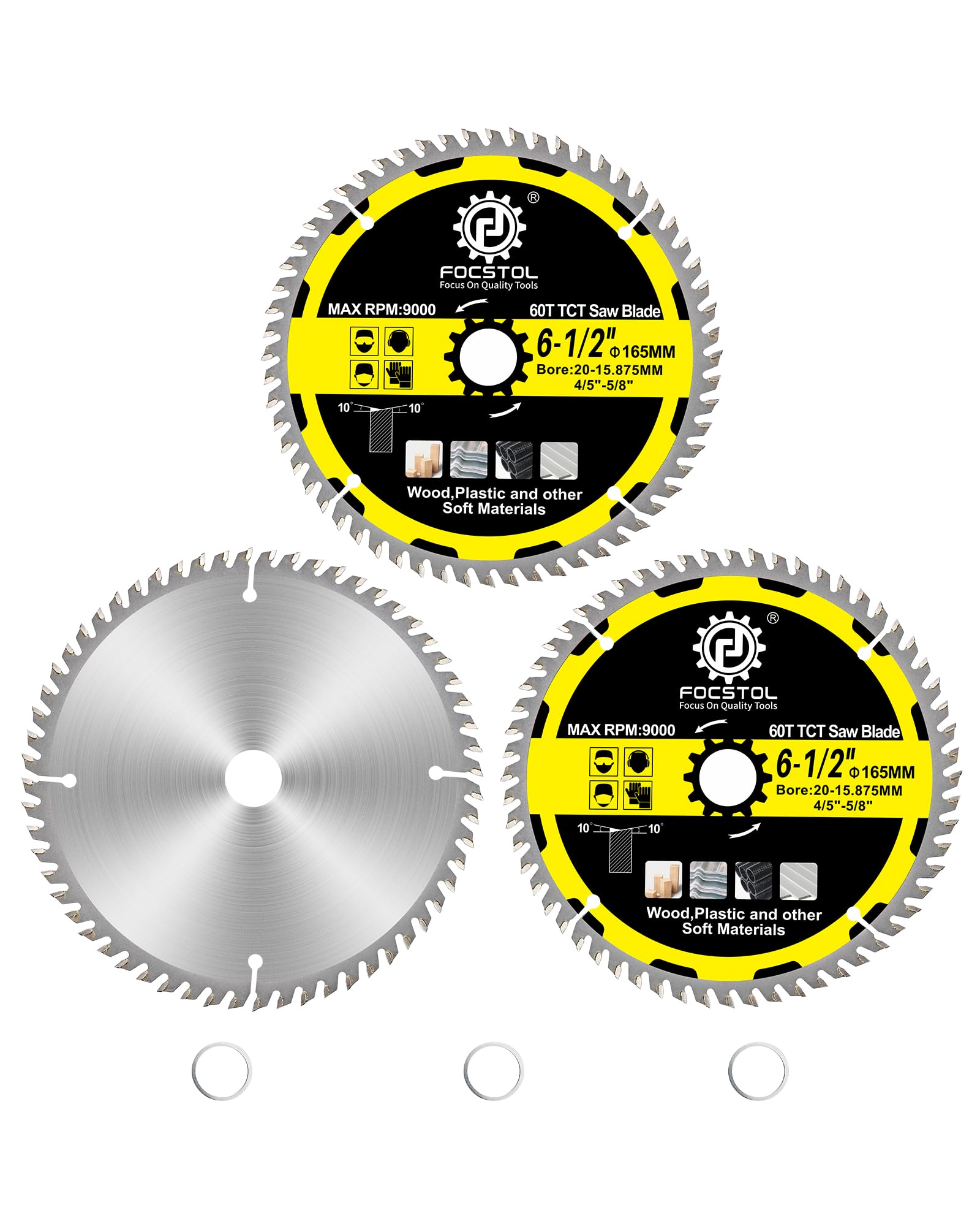FOCSTOL Wood Cutting Circular Saw Blade 165mm - 3pcs 60 Tooth TCT Cutting Blade for Cutting Wood, Plywood, Particle Board, Plastics and Other Soft Materials