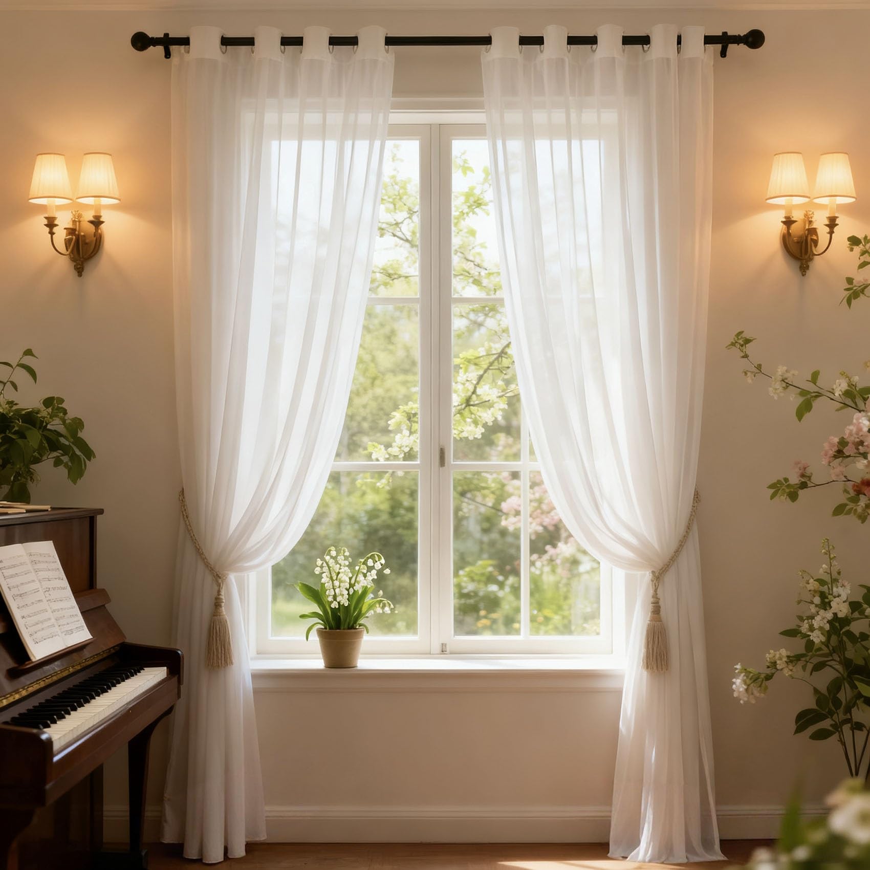 Cortinas translúcidas de 155 x 170 cm en color blanco con ojales para colgar en el salón
