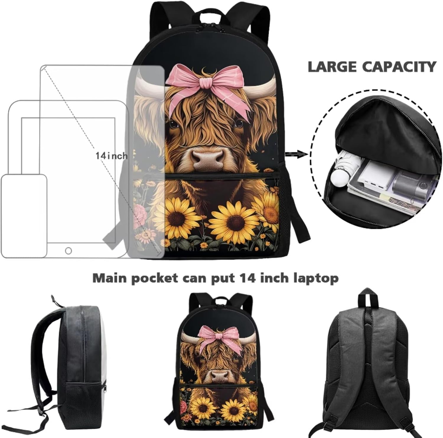 Highland Cow Kids School Backpack with Lunch Box 8-10/6-8 Black Bookbag Lunch Bag Pencil Pen Box Water Bottle Holder Kindergarten School Daycare Bag Satchel Bag 4pcs/set
