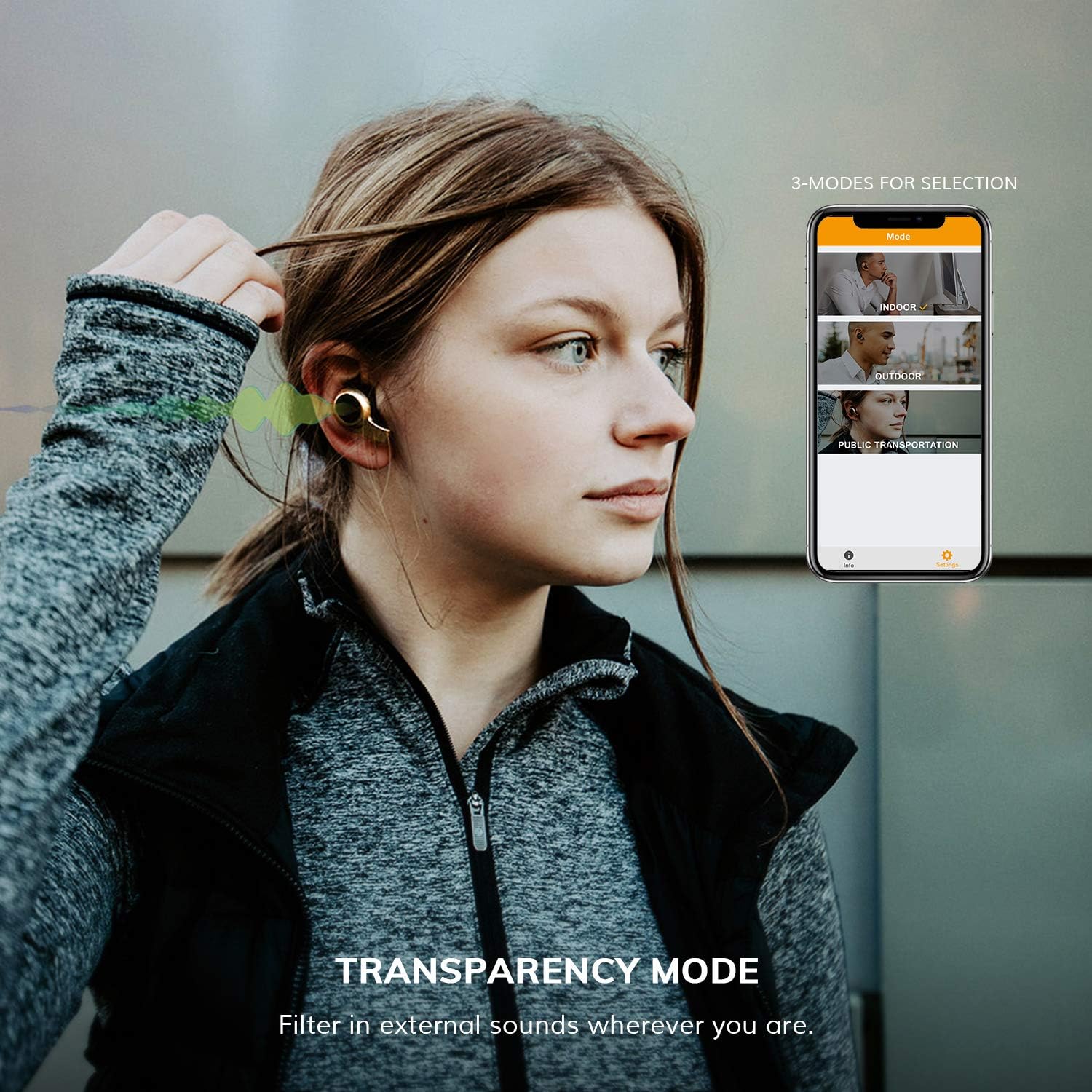 Woman using Jabees Firefly Vintage Earbuds with Transparency Mode