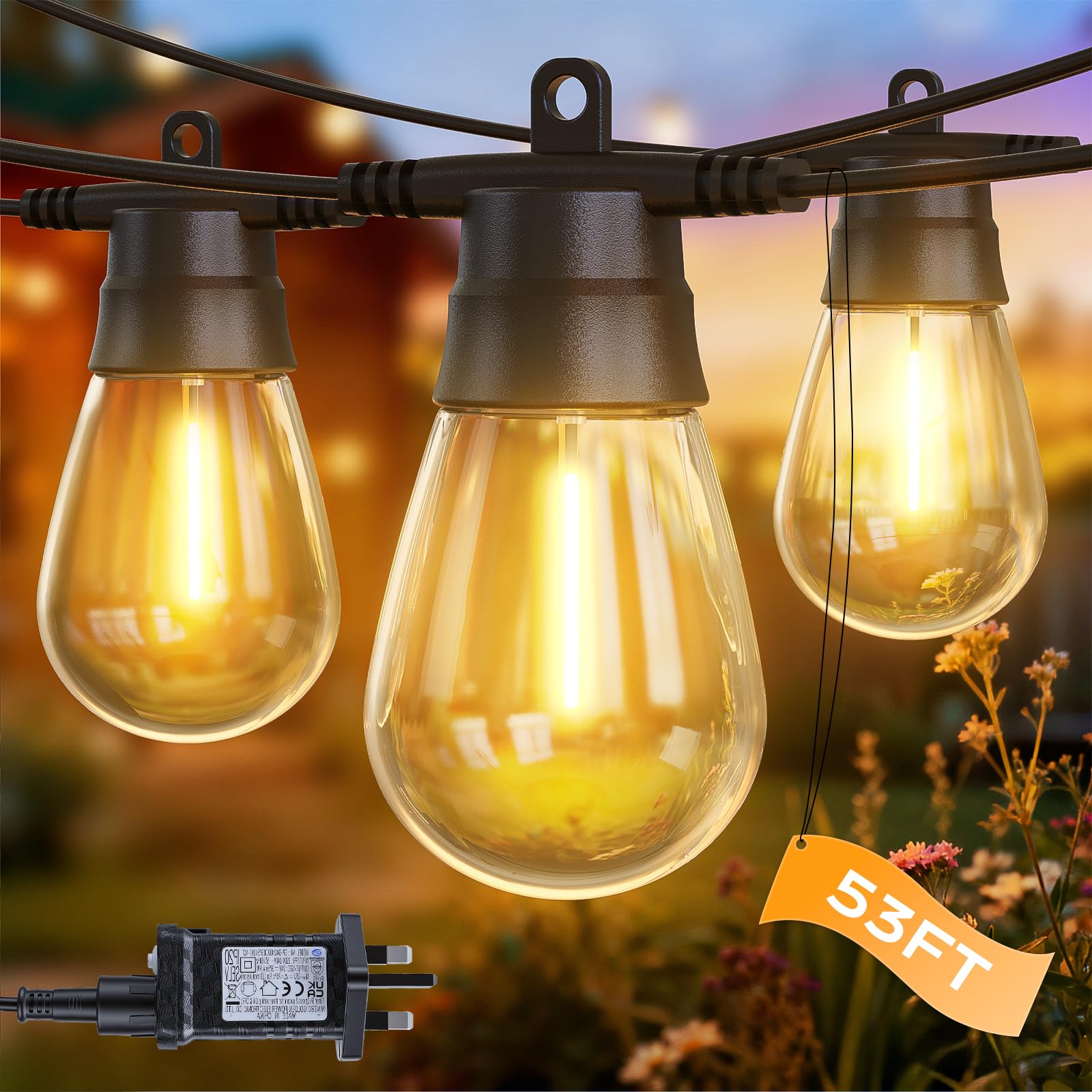 GlobaLink Festoon Lights Outdoor, 52FT/16M Garden String Lights Mains Powered with 8 Flash Modes & Timer, IP65 Waterproof Outdoor String Lights 2700k 15+2(Spare) Bulbs for Party, Wedding, Backyard