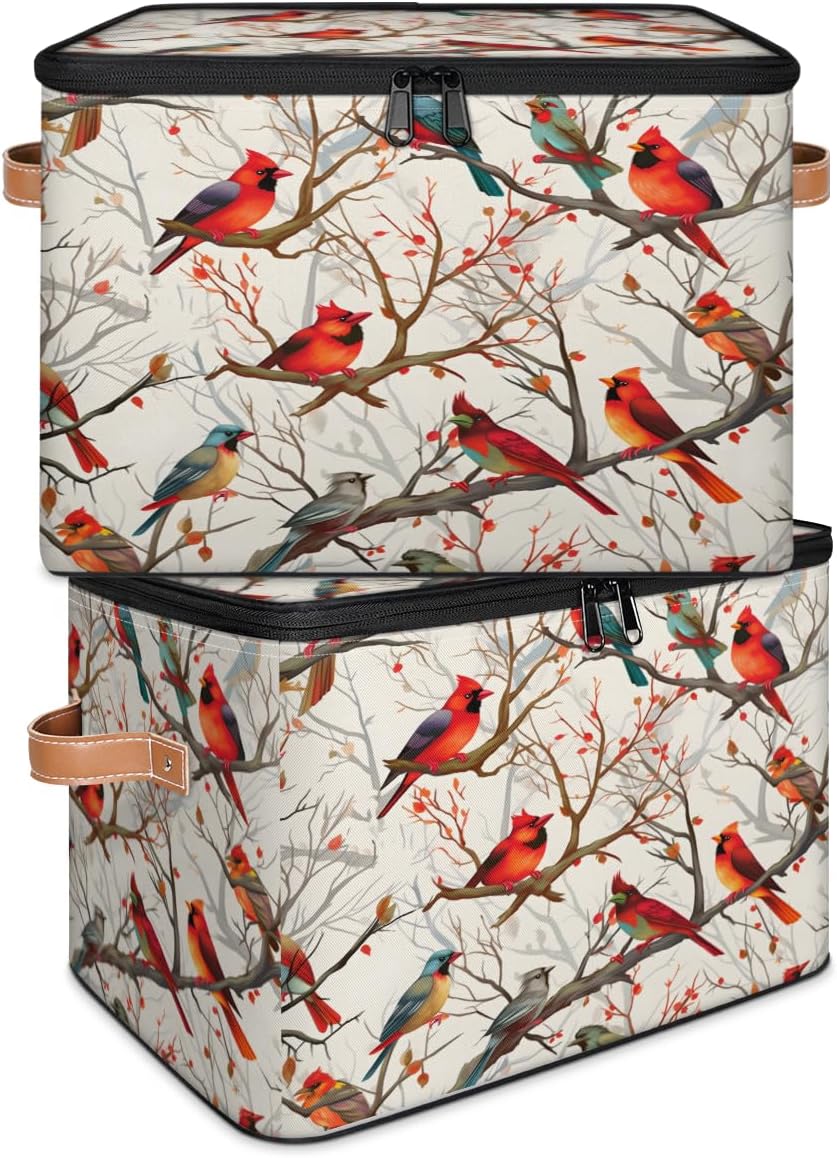 Storage Bin Set of 2 Cute Birds Tree Storage Basket with Zipper Lid & Handle Foldable Closet Shelf 2 Pack Cloth Organizer Basket Cube Bins Clothes Organizer for Bedroom, Nursery