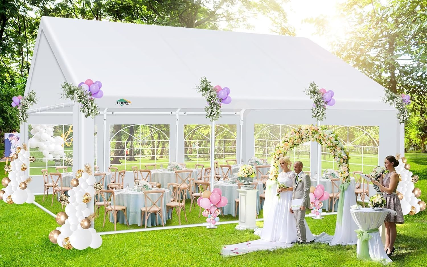 cobizi 20x20 heavy duty party tent outdoor waterproof canopy with 10 church windows & 6 sidewalls, built-in sandbag, white powder coating commercial event shelter tents for parties wedding bbq patio