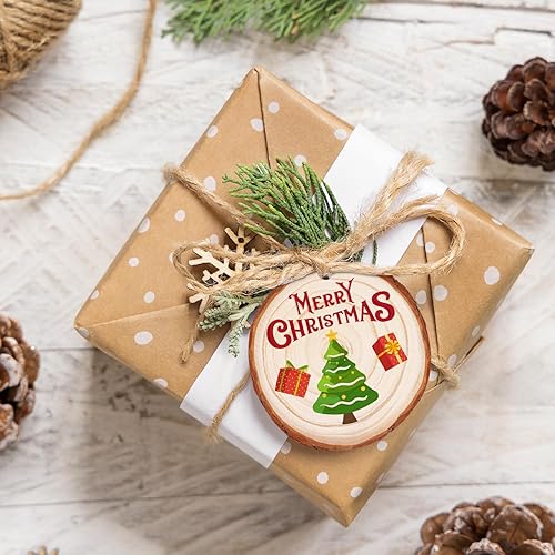 Miniatura 4 de Max Fun Juego de rebanadas de madera natural para manualidades, adornos de Navidad sin terminar preperforados con agujero, círculos de madera para