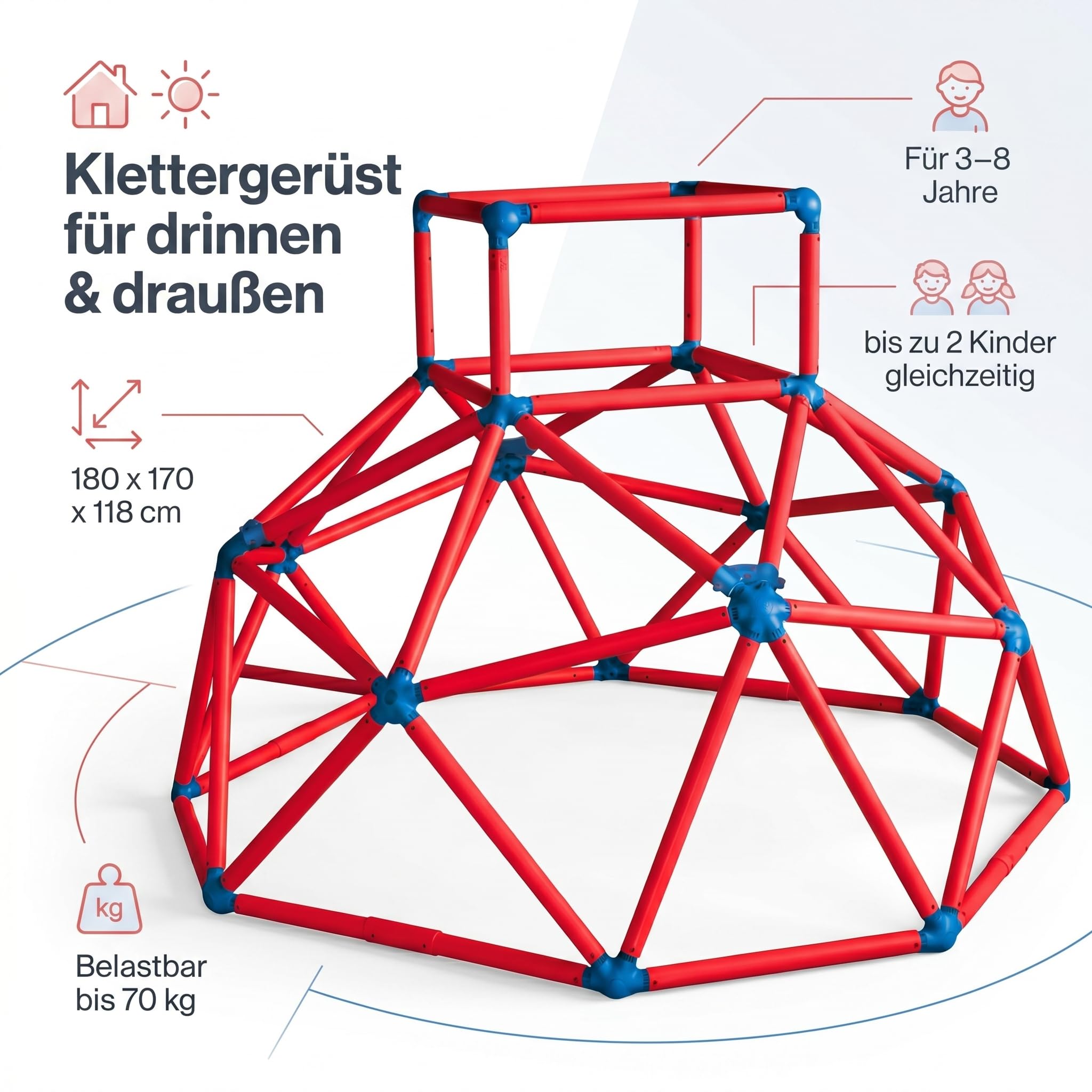 Klettergerüst Outdoor Kletterkuppel Kletterturm von VDP – Outdoor Spielgerüst Kinder Outdoor, Klettergerüst Indoor, Spielturm, bis 70kg, Rot
