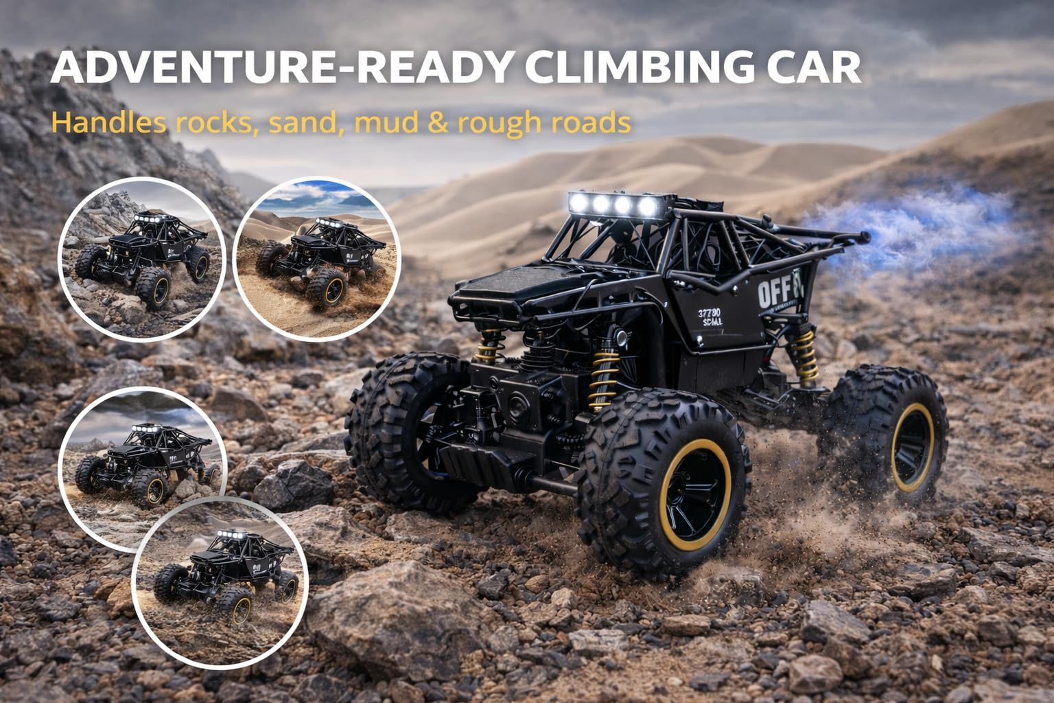 PB Prime Brands Rock Climber RC Car with Bluetooth Music, Mist Spray & LED Lights | 4WD 2.4GHz Off-Road Remote and Mobile Control Car | Dual Motor, Shock Absorber | Rechargeable Battery (Black) 1