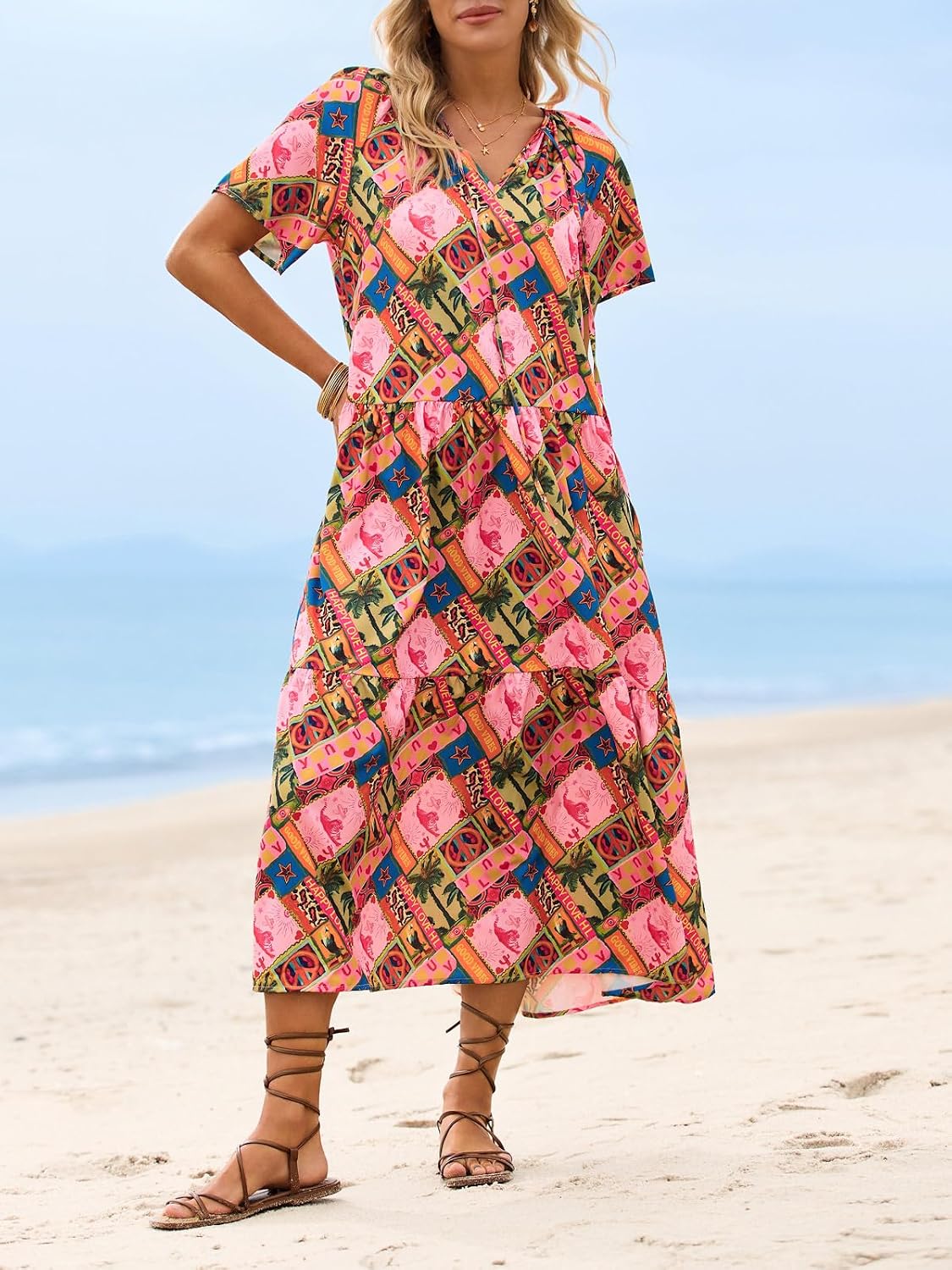 Yousify Womens 2026 Summer Maxi Dresses Short Sleeve Boho Beach Shirt Dresses Loose Vacation Outfits Sundresses image 5
