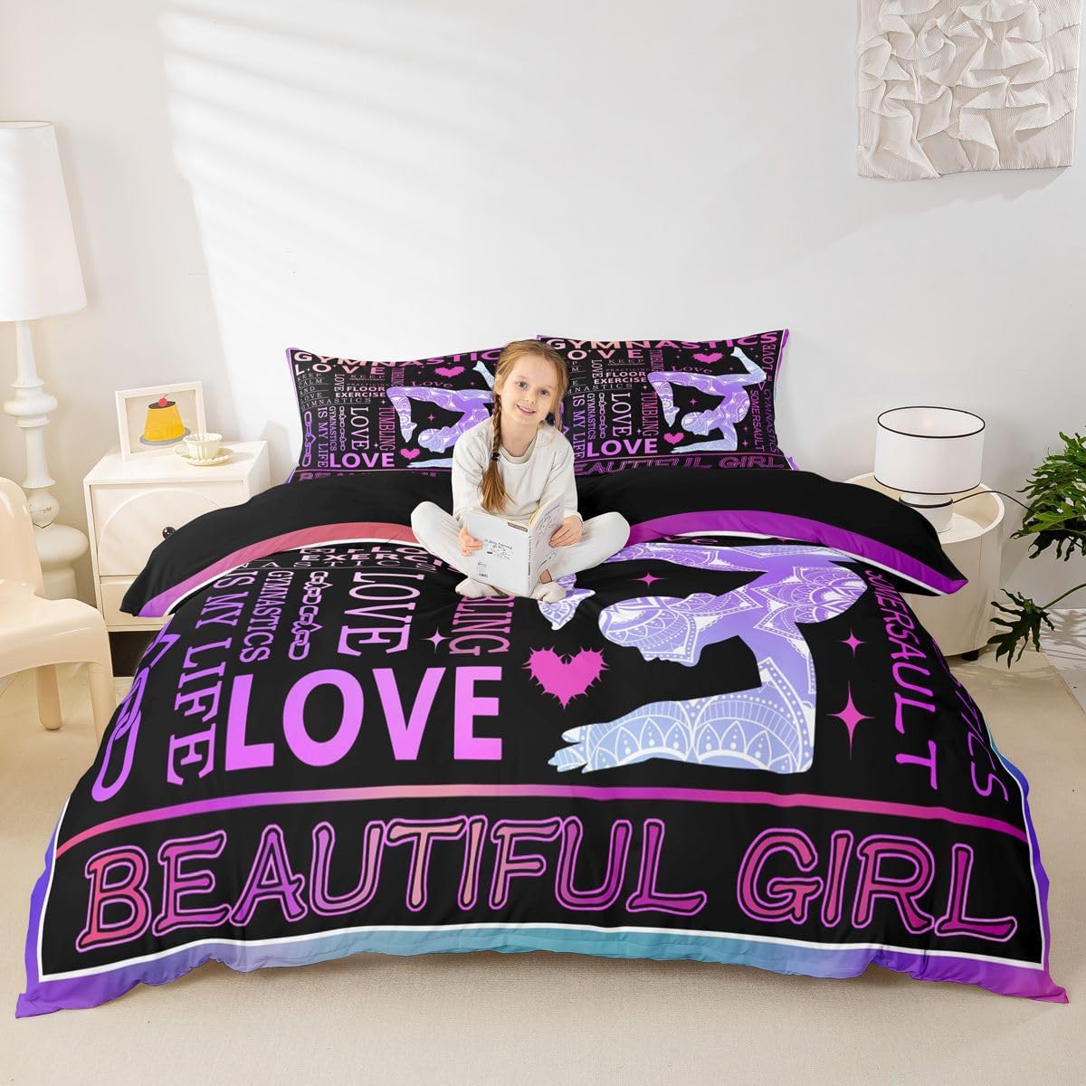 Gymnastics Duvet Cover For Girls, Gymnastics Lover Comforter Cover Gymnast Gifts Full For Girls Teens Women, Purple Dancer Silhouette Quilt Cover, Soft Microfiber Bedding Set With 2 Pillow Cases