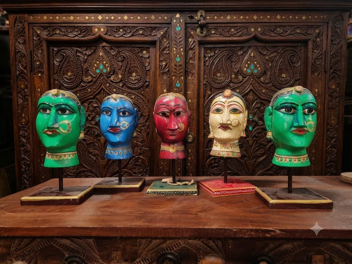 Handpainted Indian Puppet Face Heads on Stand, Set of 5 | Traditional Folk Art, Multicolour Wood Craft, Decorative Showpiece, Rajasthani Style, Table Display Stand-image-31