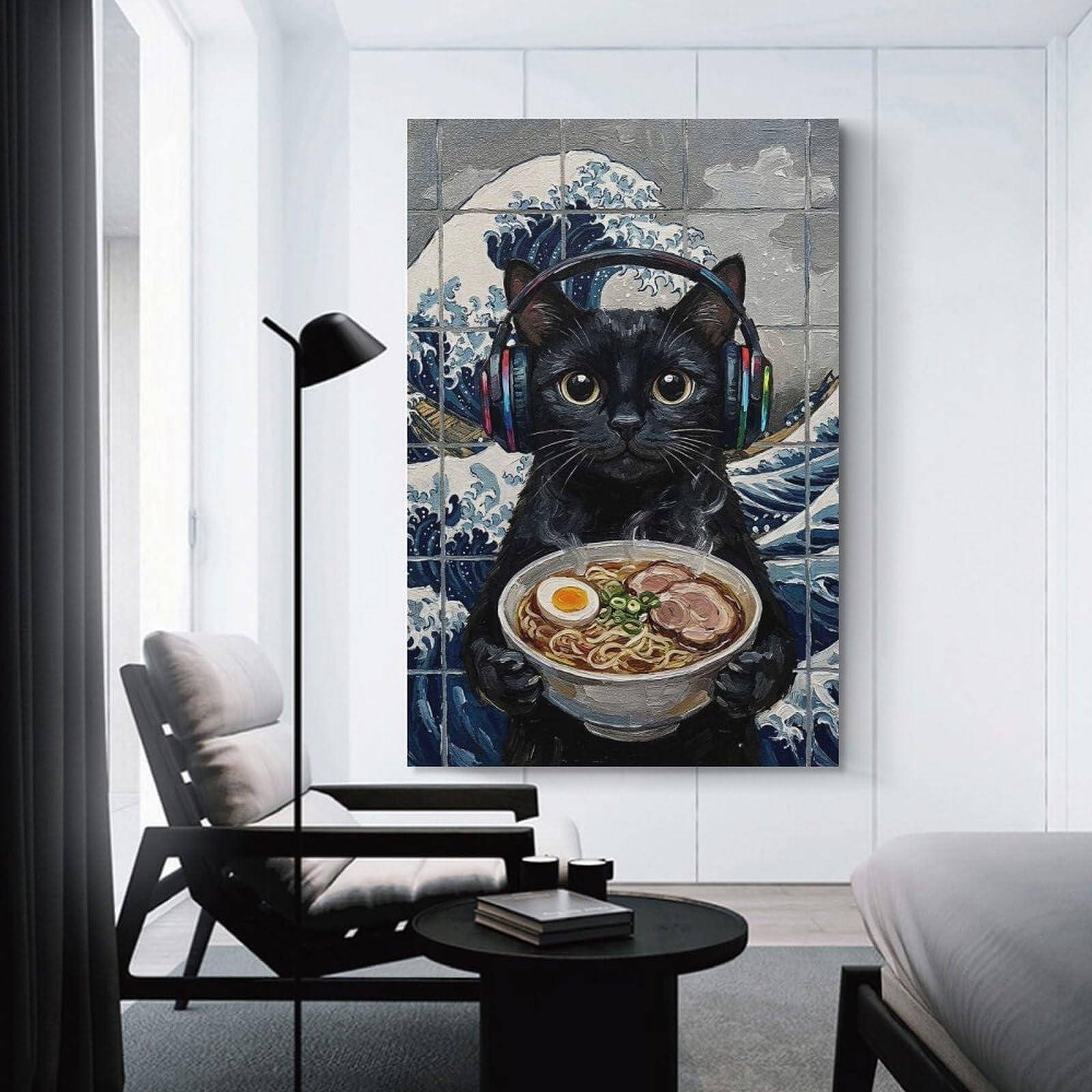 Junmoney Wall Decor Canvas Print Gaming Black Cat with Ramen, 08x12inch(20x30cm), for Bedroom, Lounge Or Dressing Area, Stylish Decor for A Restful Room Update