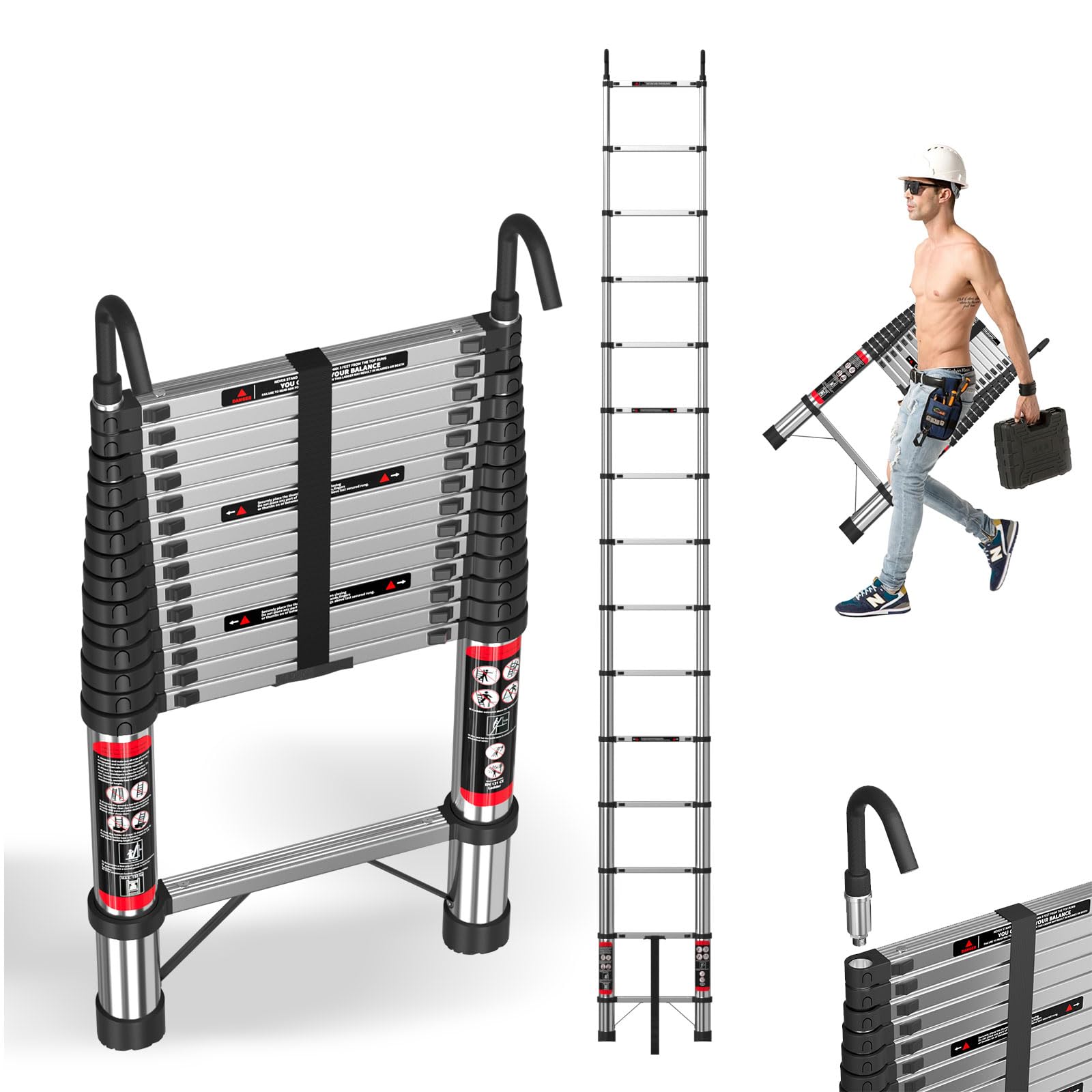 4.4M Stainless Steel Ladder with Hooks, 14.4FT Telescope Ladder with Safety Lock, Anti-slip Thickened Stainless Steel, 330lbs load, Portable Folding Ladders for Home and Construction Use — image 1