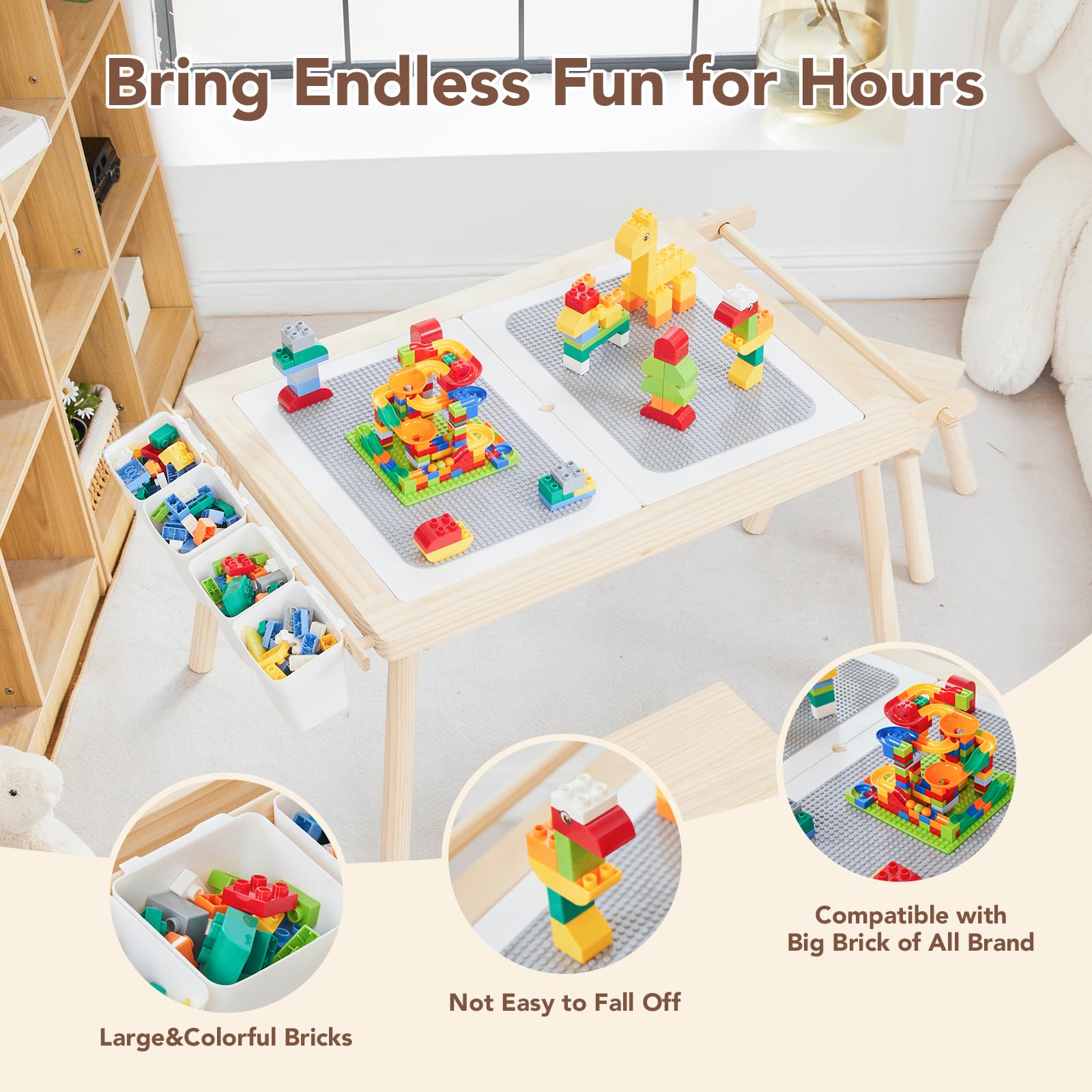Juego de mesa y silla sensorial 5 en 1 para niños, juego de arena y agua de madera, bloques de construcción, estudio, comedor, almacenamiento de juguetes 2