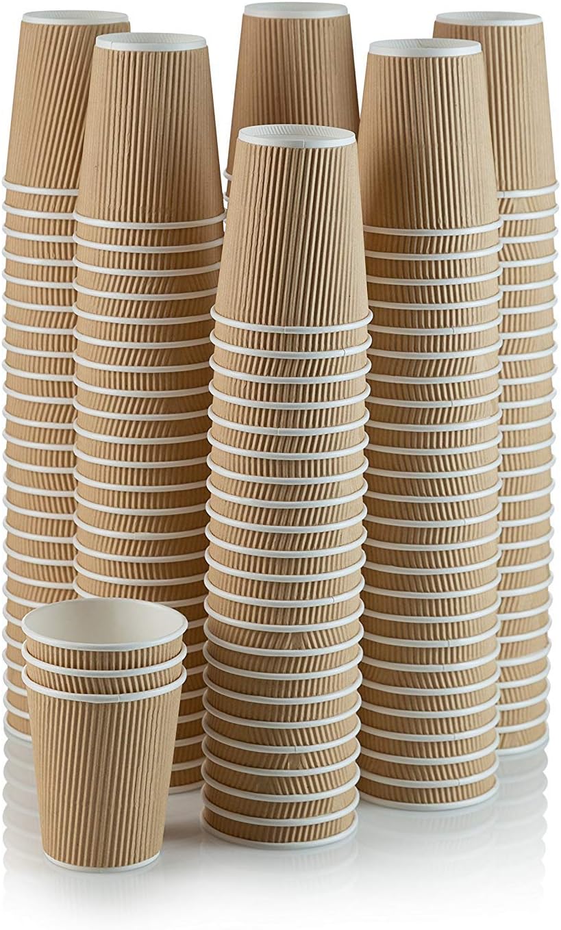 500 X 8oz Disposable Kraft Paper Cups for Hot and Cold Drinks, Triple Walled Ripple Cups for Coffee, Tea and Other Drinks Hot and Cold Disposable Tableware