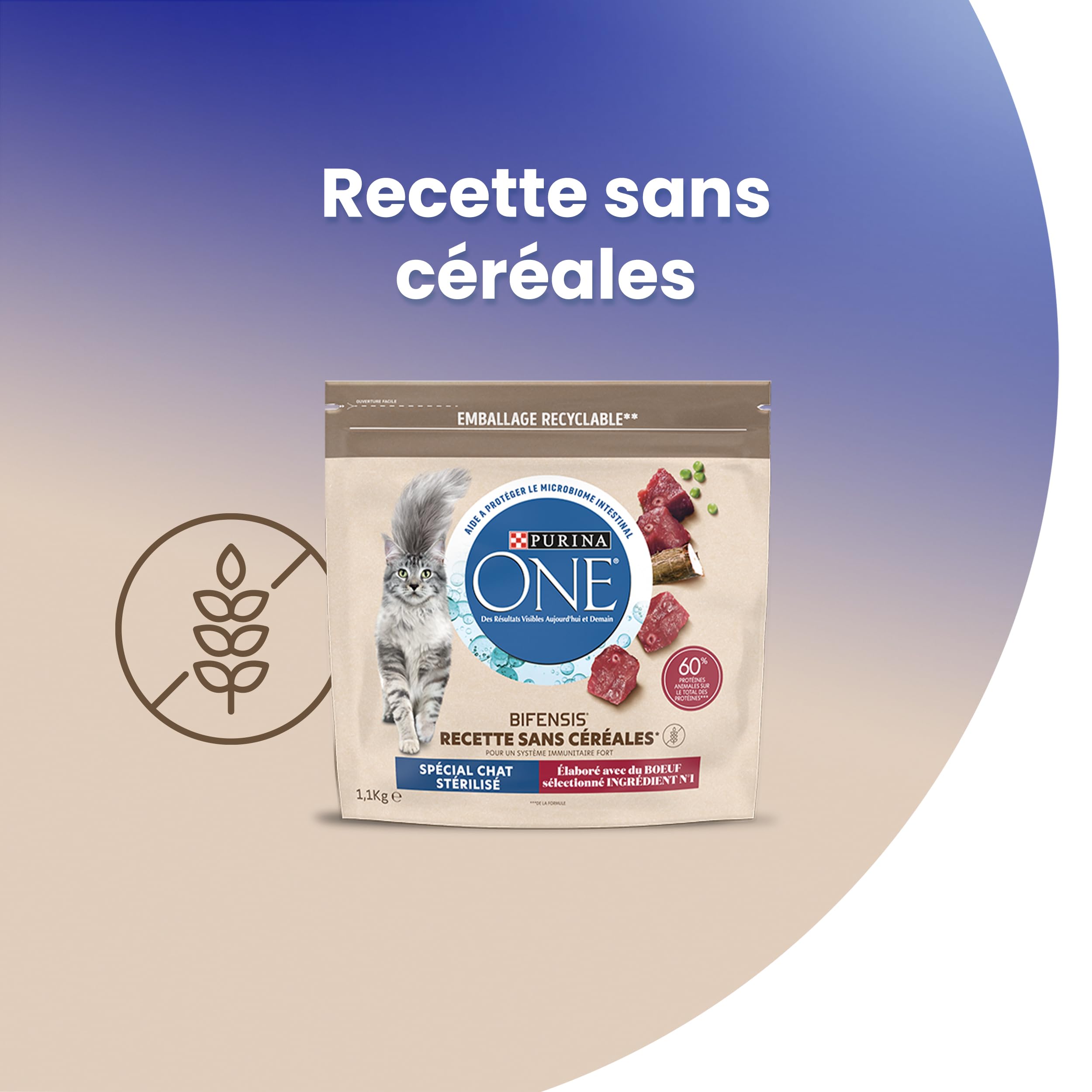 PURINA ONE | Aliment Complet pour Chat Adulte | Stérilisé | Croquettes | sans Céréales | Au Boeuf | Sac | 1,1kg