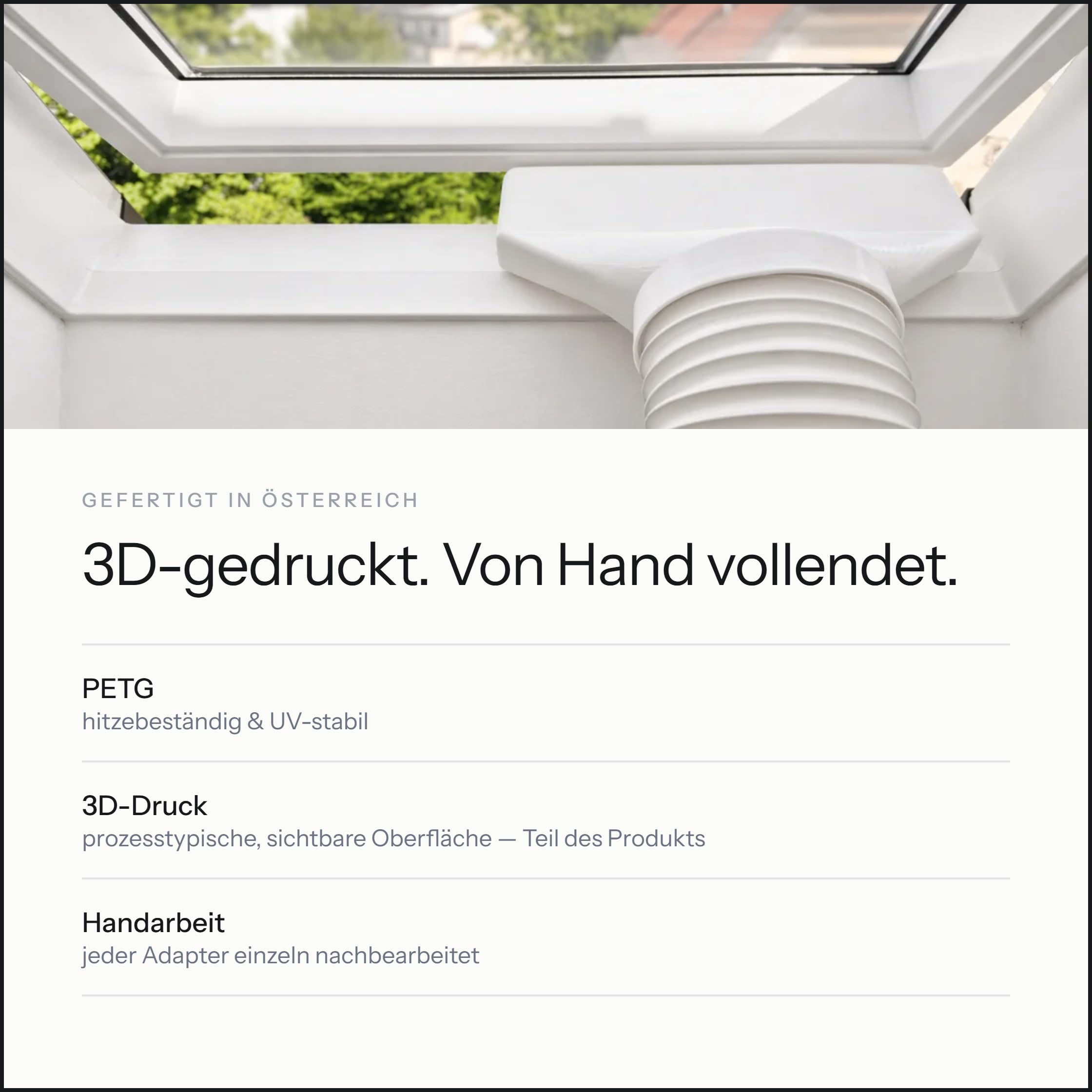 Fenster Adapter Klima Abluft extra breit und flach – Reduzierstück Ø150mm auf schmale Öffnung 35×4,5cm – Passend für mobile Klimaanlagen – 3D-Druck – Made in Austria