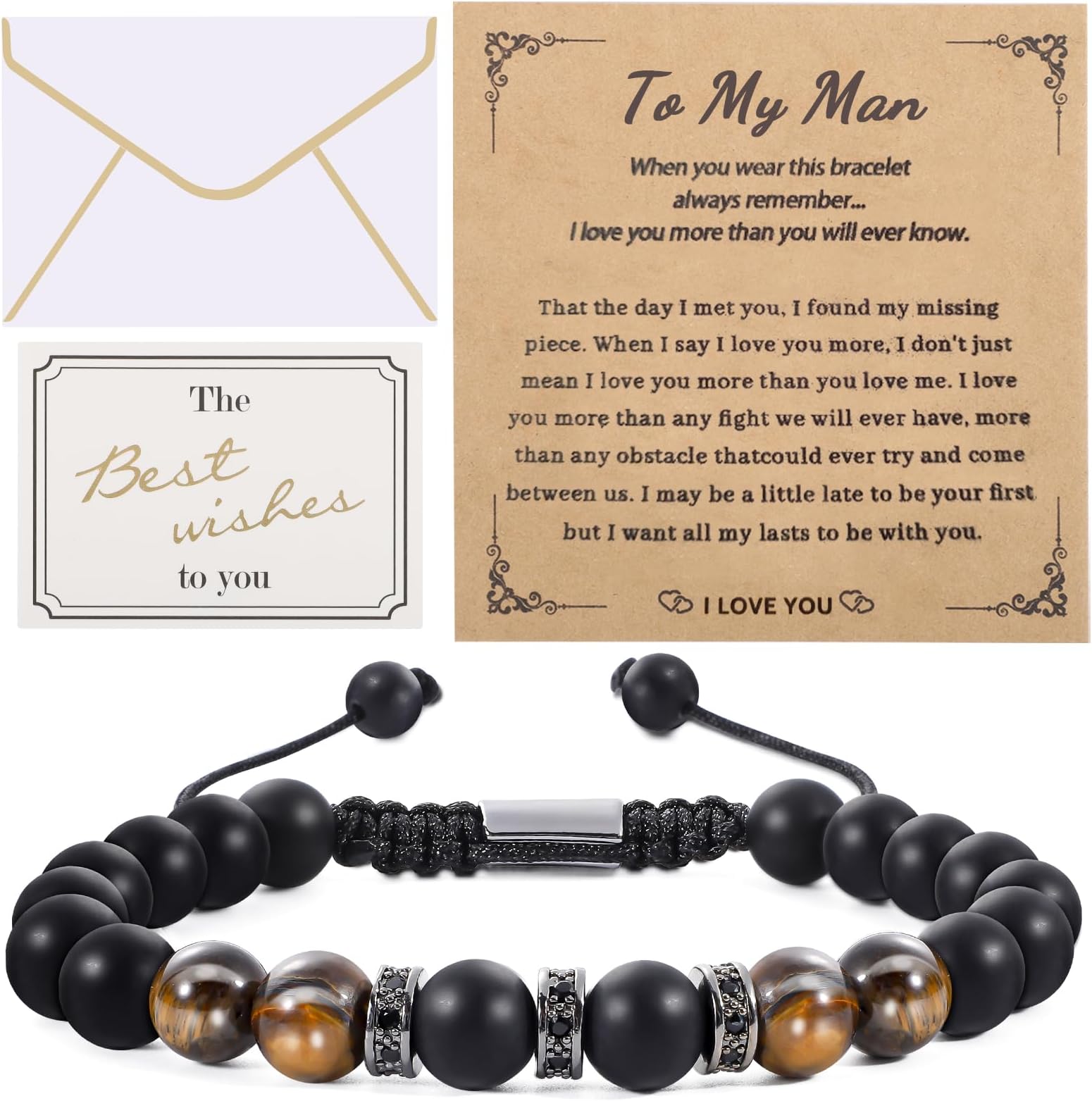 YafeMens Bracelet๏ผTo My Man Bracelets for Him Tigers Eye Agate Stone Men Bracelets Beads Rope Anniversary Birthday Graduation Father's Day Gifts for Men Husband Son Dad Grandpa Boyfriend(Style A)