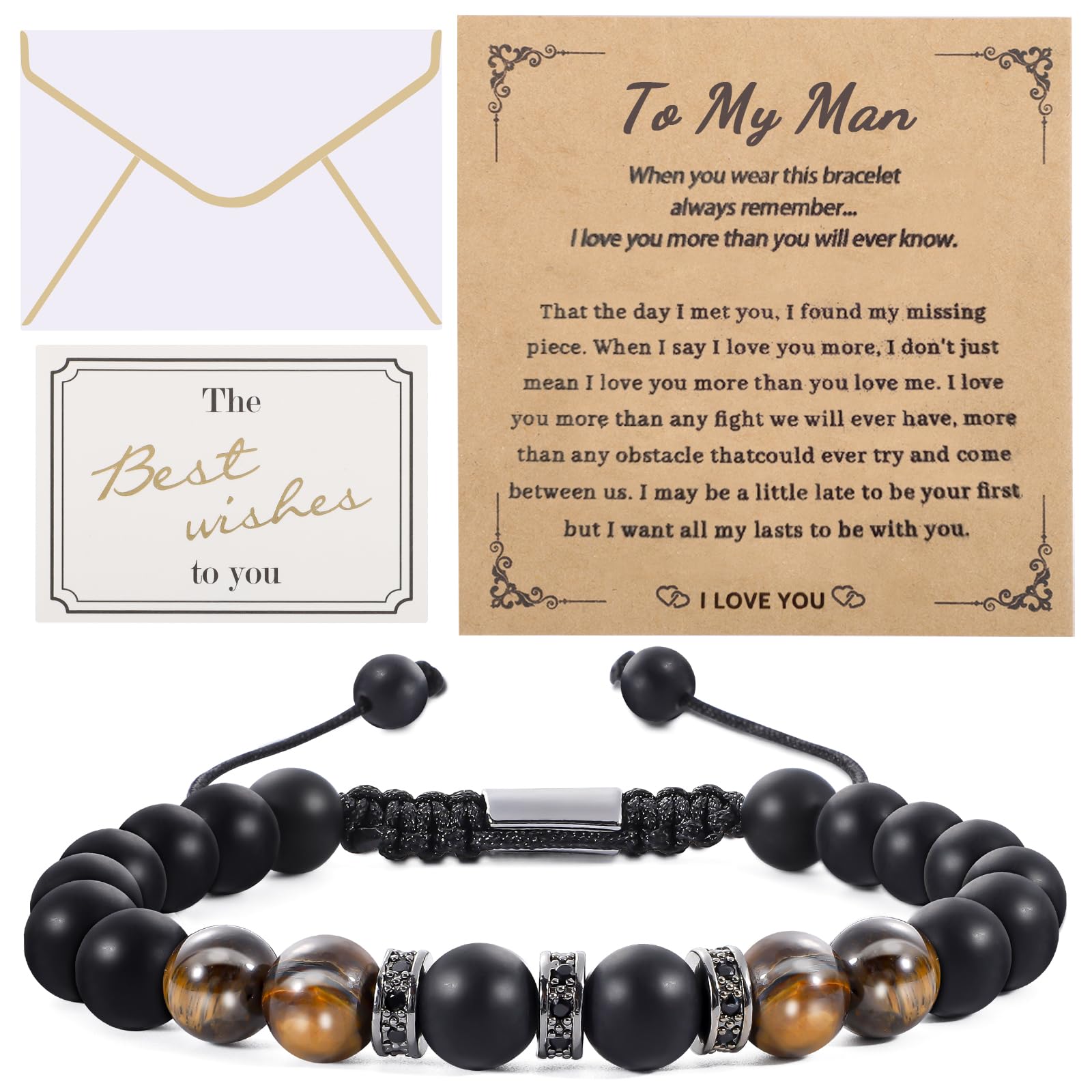 YafeMens Bracelet，To My Man Bracelets for Him Tigers Eye Agate Stone Men Bracelets Beads Rope Anniversary Birthday Graduation Father's Day Gifts for Men Husband Son Dad Grandpa Boyfriend(Style A)