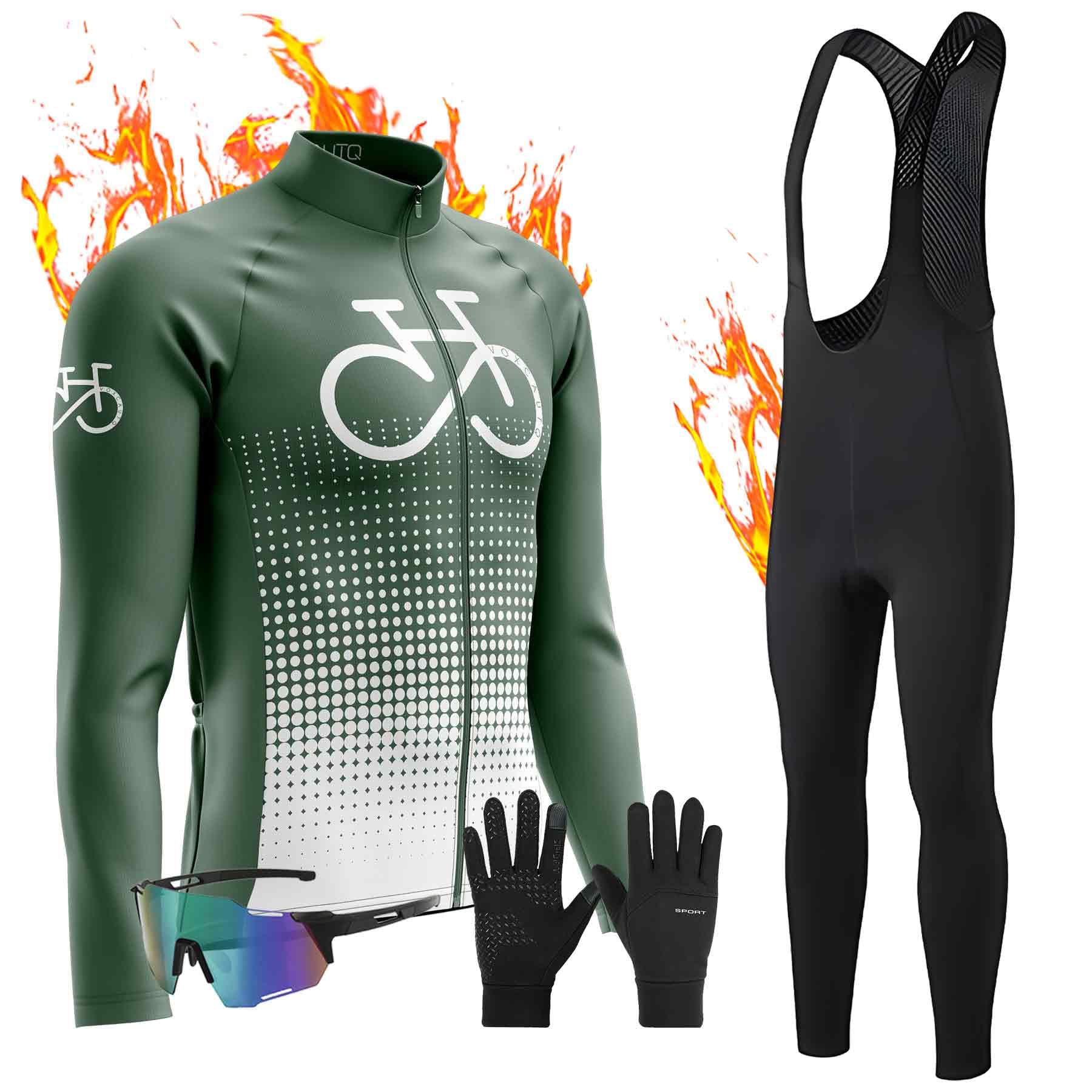 Vêtements Cyclisme Homme Hiver Tenue Cycliste en Polaire Thermique,Maillot Velo VTT Jersey Manche Longue,Ensemble Combinaisons de Cycling MTB Respirant+9D Coussin Gel