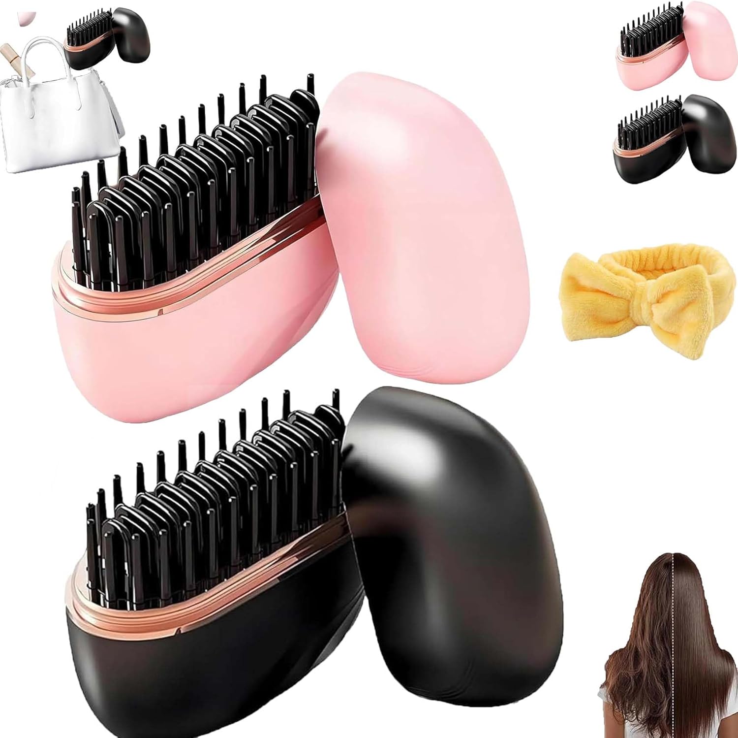 2026 New Mini Hair Straightener Brush,2-in-1 Mini Cordless Hair Straightener Comb,30s Fast Heating Hot Comb,3-Speed Temperature Control,Portable USB Rechargeable Heated Styling Brush (2PCS-A)