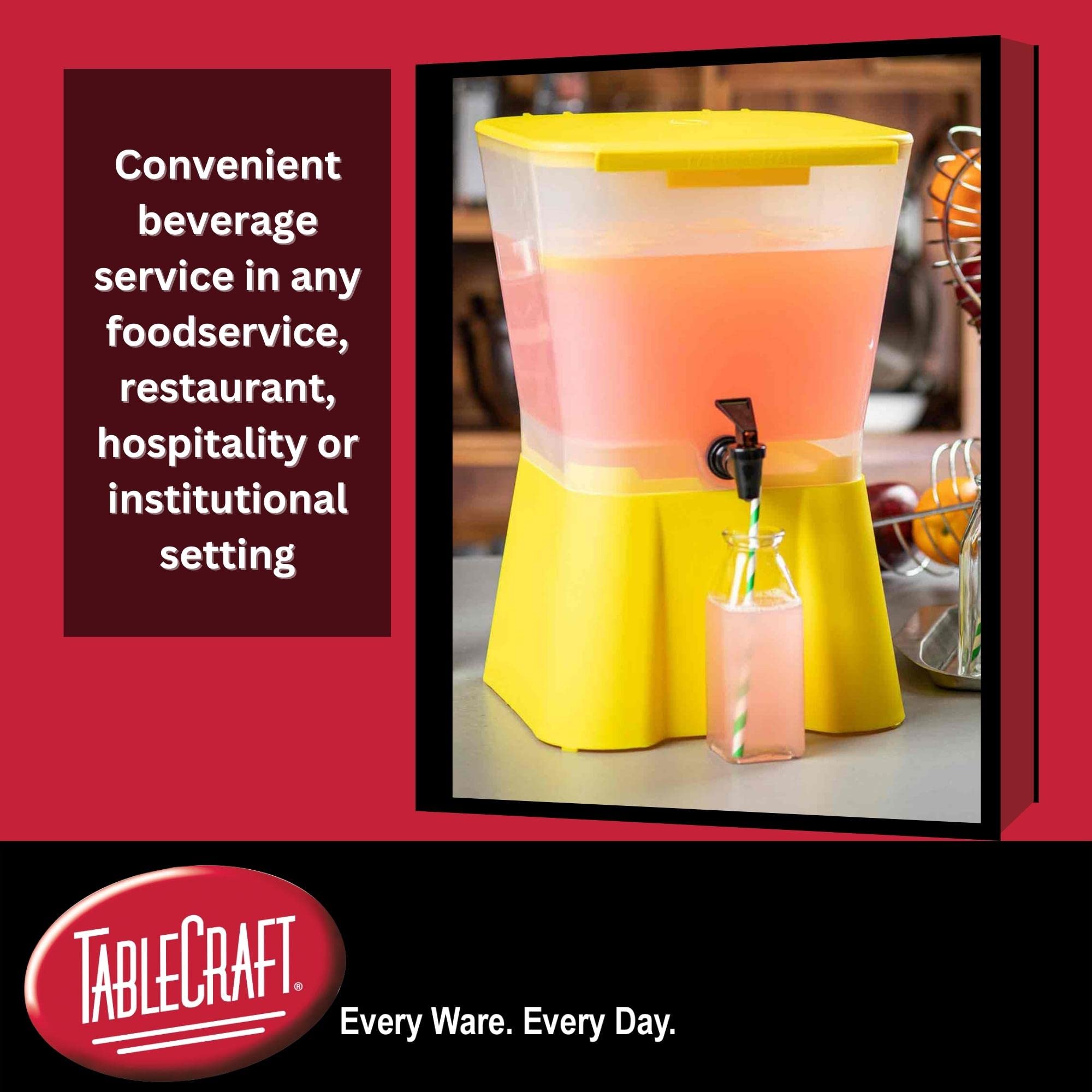 Tablecraft Dispensador de bebidas de plástico amarillo de 3 galones | Dispensador de bebidas frías para catering, buffet o restaurante