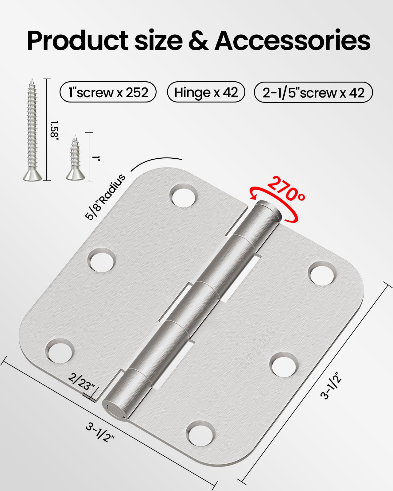 Bisagras de puerta de níquel cepillado – Paquete de 42 bisagras de puerta redondeadas de 3.5 pulgadas con radio de 5/8 pulgadas de níquel satinado para puertas interiores y exteriores