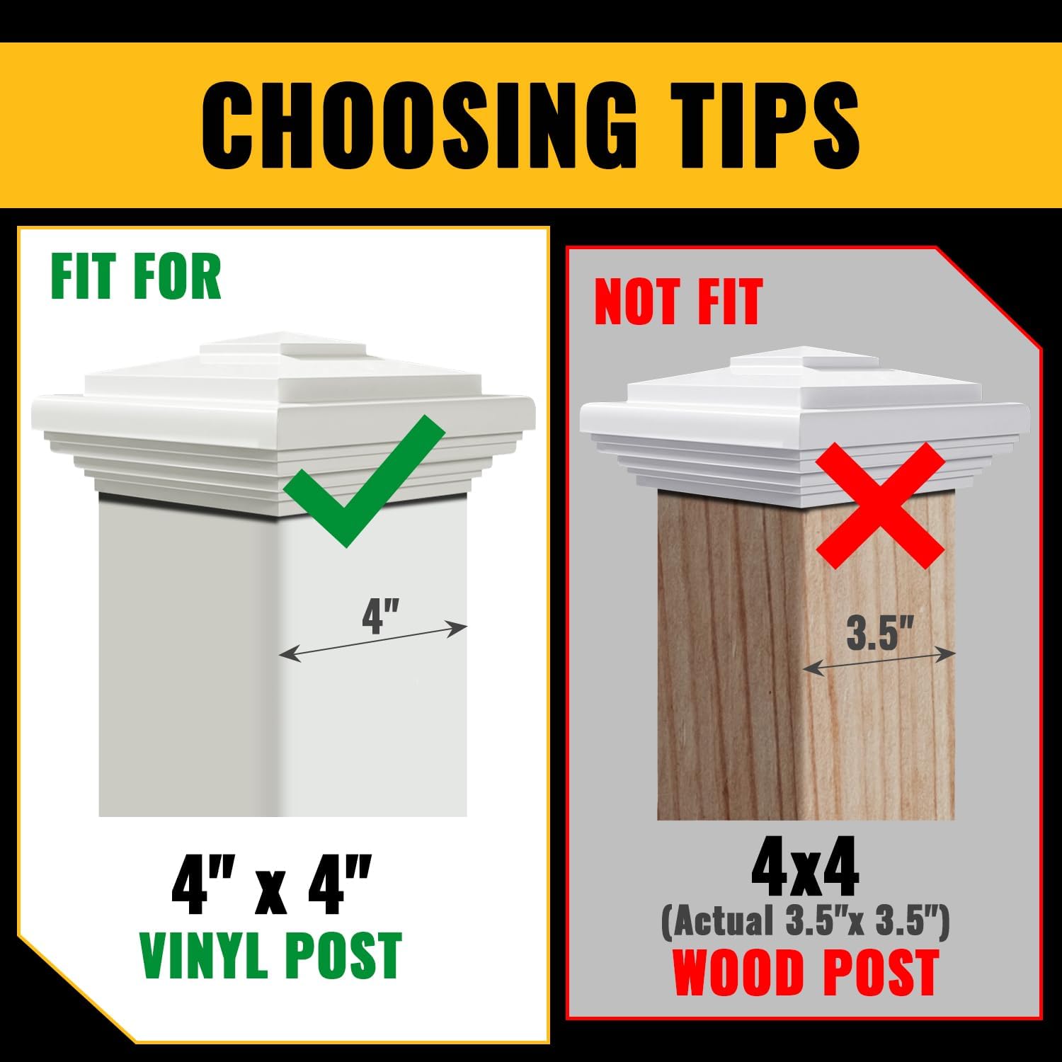 vivida 4" x 4" vinyl fence post cap (actual 4" x 4"), new england pyramid post cap, pvc square top cover, for vinyl fences, mailboxes & decks, white, 2 pack actual 4" x 4" white-2 pack