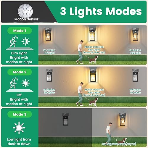 Miniatura 4 de Paquete de 2 Luces Solares para Porche Exterior, de Anochecer a Amanecer y Sensor de Movimiento Luz de Pared con Forma de Linterna, 3 Modos IP65