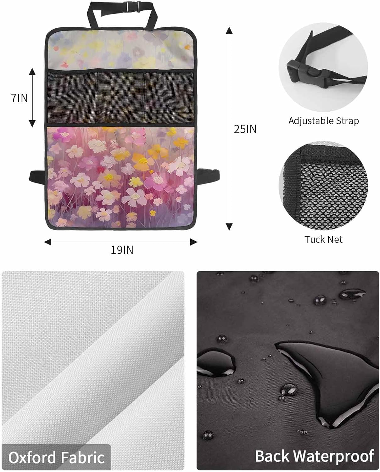 Car Seat Protector, 2 Pack Kick Mats with Organizer - 3 Pocket Storage, Spring Flowers Chrysanthemum Oil Painting Gradient Gray Back Seat Cover for Kids Universal Fit Automotive Interior Protectors