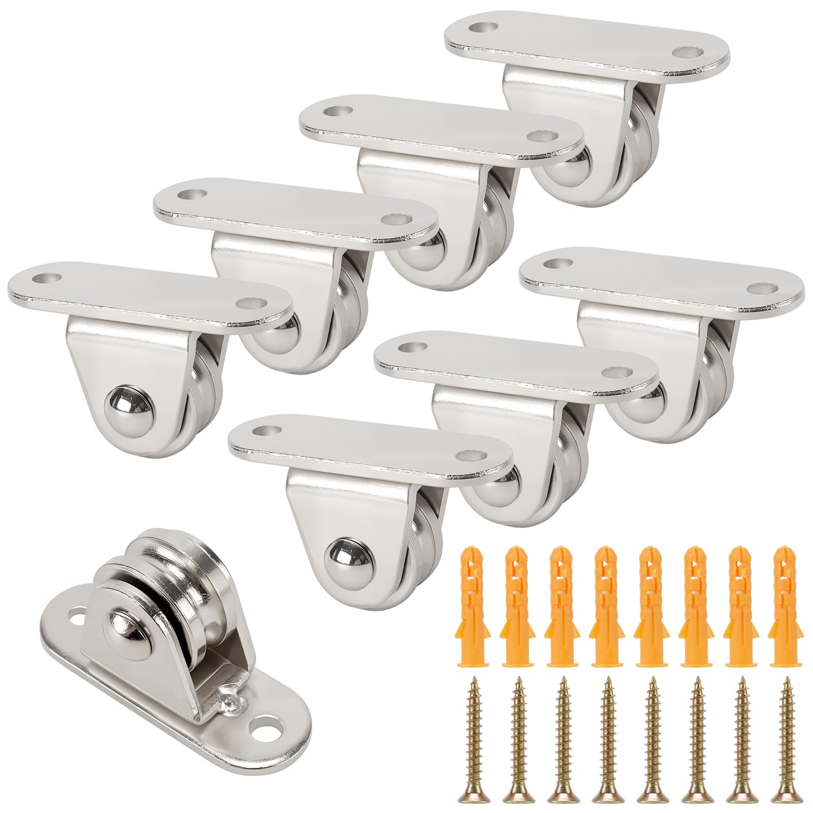 Lot de 8 poulies de renvoi en acier nickelé - 6 mm pour cordes - Charge 80 kg - Pour voiles d'ombrage, auvents - Avec 16 vis et ancrages