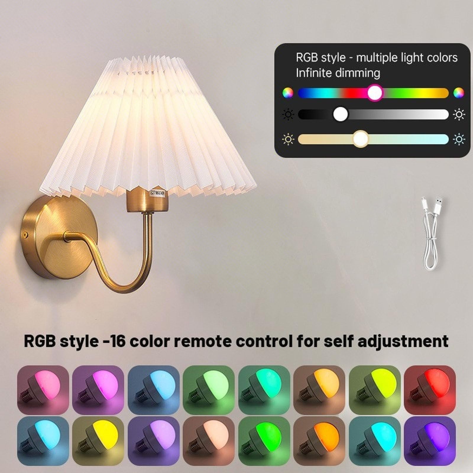 Set di 2 applique da parete, luci ricaricabili, luci a batteria, RGB dimmerabili a 15 colori, lampadine ricaricabili, lampada senza fili per interni, camera da letto, bagno, soggiorno (Dimensioni: 2