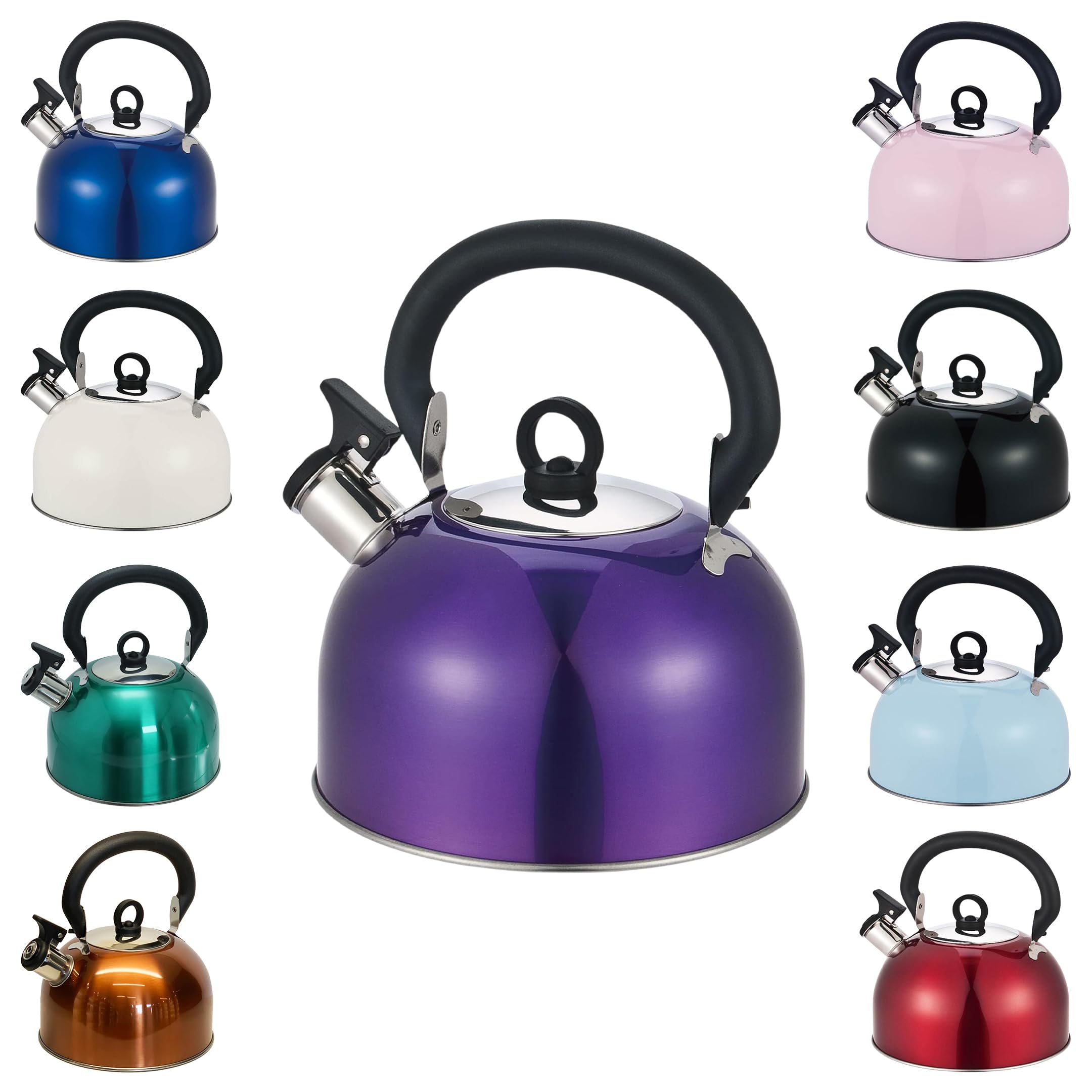 Buckingham Stainless Steel Whistling Kettle Metallic Purple with Cool Touch Handle Suitable for Camping Hiking Indoor & Outdoor Use 2.5 litres