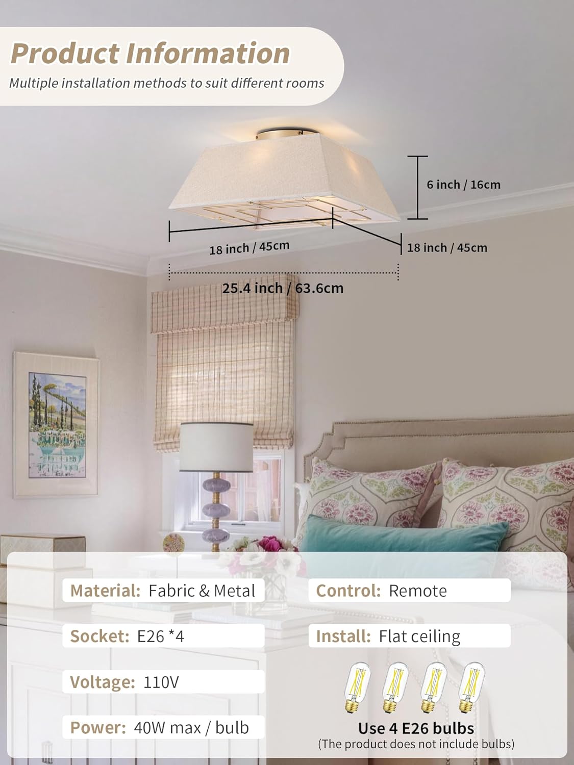18" Square Flush Mount Ceiling Fans with Lights, Caged Boho Ceiling Fan with Light Remote Control, Low Profile 6 Speeds for Bedroom, Living Room, Kitchen (Yellow)