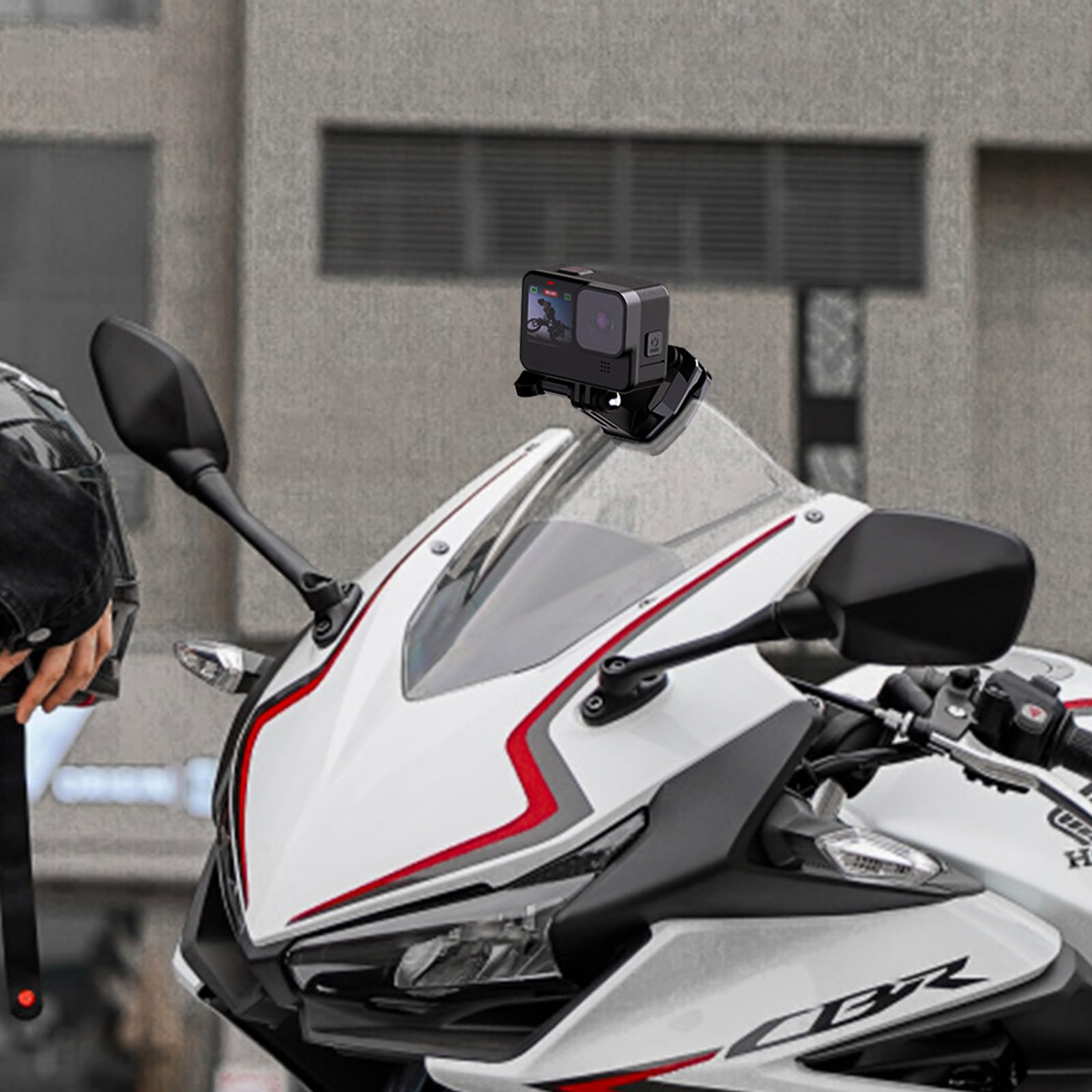 Supporto a clip per parabrezza moto a sgancio rapido con braccio magico universale per GoPro Hero 12 11 10 9 8 7, Insta360 X4 X3 X2 X ONE RS R, DJI Osmo Action, smartphone