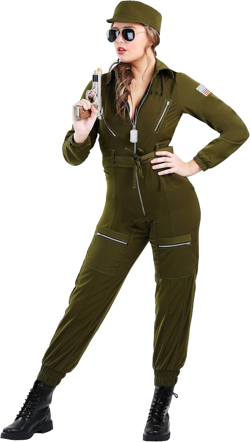 Plus Size Women's Army Pilot Flight Suit Costume Aviator Jumpsuit with Flag Patch, USA Stencil, Cargo Pockets - Image 2