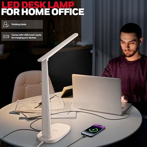 Miniatura 4 de Honeywell Lámpara de escritorio LED para oficina en casa, luz de cuidado de los ojos con 4 modos de color y control táctil, puertos de carga USB