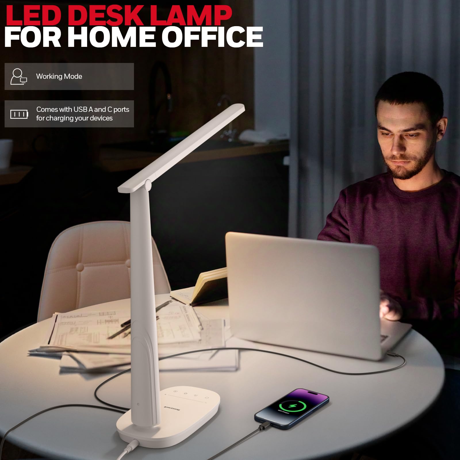 Honeywell Desk Lamp for Home Office Dimmable LED Desk Light with USB A+C Dual Charging - Image 4