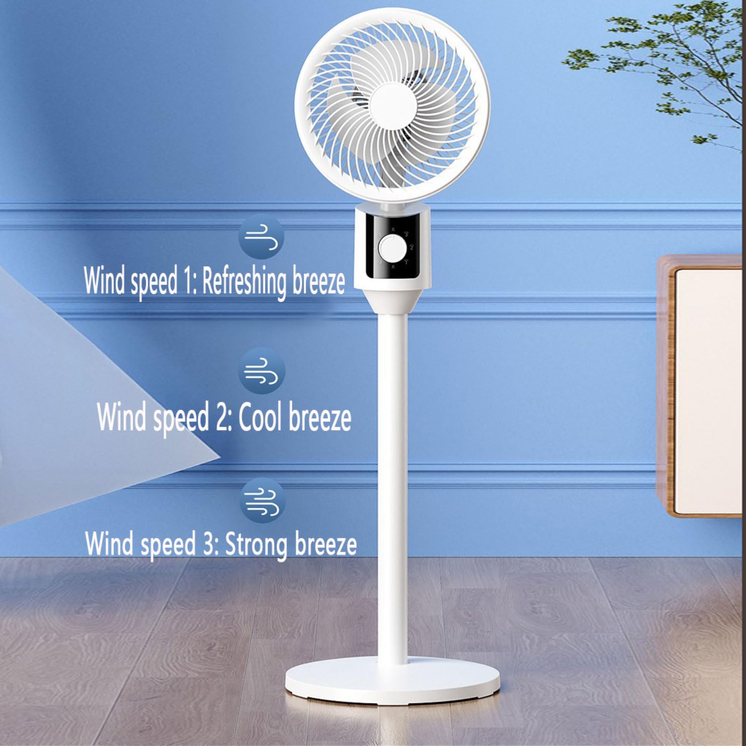 Wentylator stojący z pilotem zdalnego sterowania, cichy obieg powietrza do domu, 3 prędkości, oscylacja 90°, timer 12-godzinny, wyświetlacz LED, idealny do sypialni i kuchni