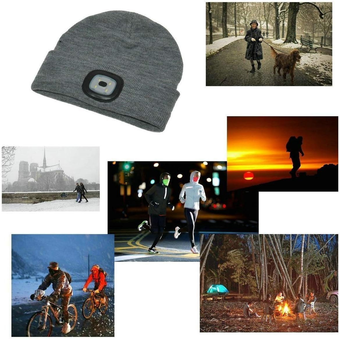 LED Beanie Hat with Light,Unisex USB Rechargeable Hands Free 4 LED Headlamp Cap Winter Knitted Night Lighted Hat Flashlight Women Men Gifts for Dad Him Husband (Black + Grey)