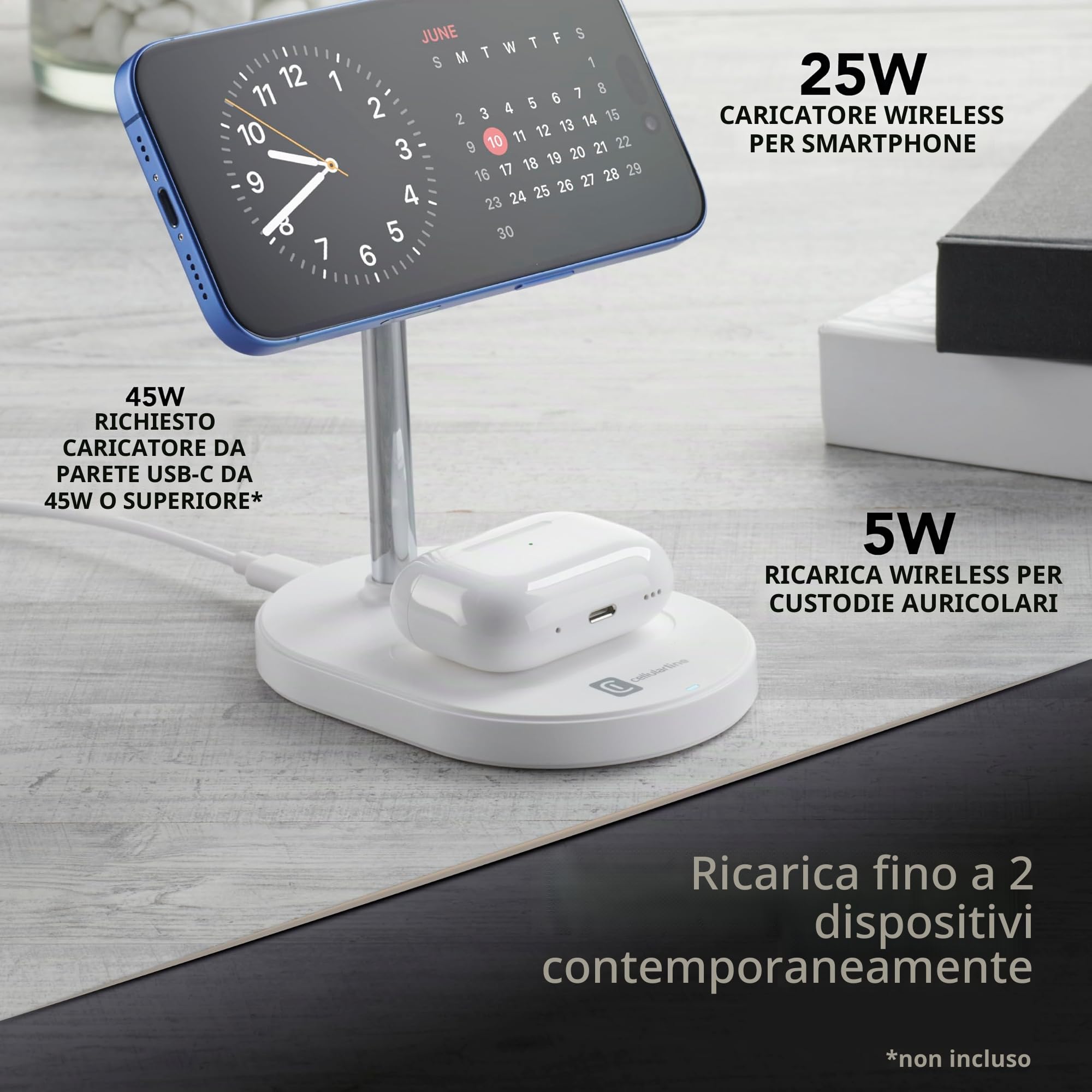 Cellularline MAG DUO Caricatore Wireless Magnetico - Stazione di Ricarca 25W 2 IN 1 - Certificata con Tecnologia Qi2.2 - Cavo USB-C 150 cm inclusi – Bianco