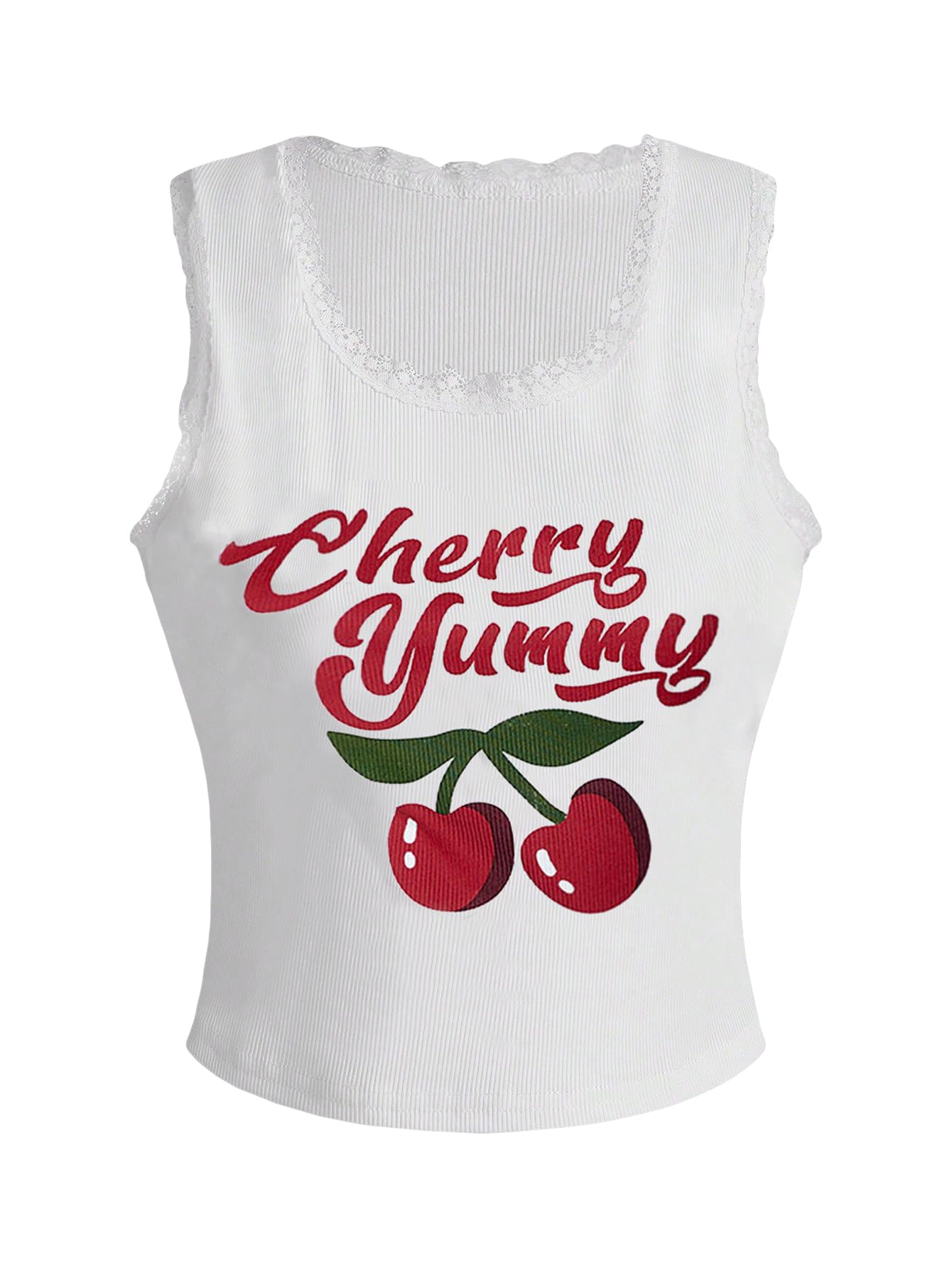 FloernsWomen's Letter Print Sleeveless Lace Trim Scoop Neck Crop Tank Top