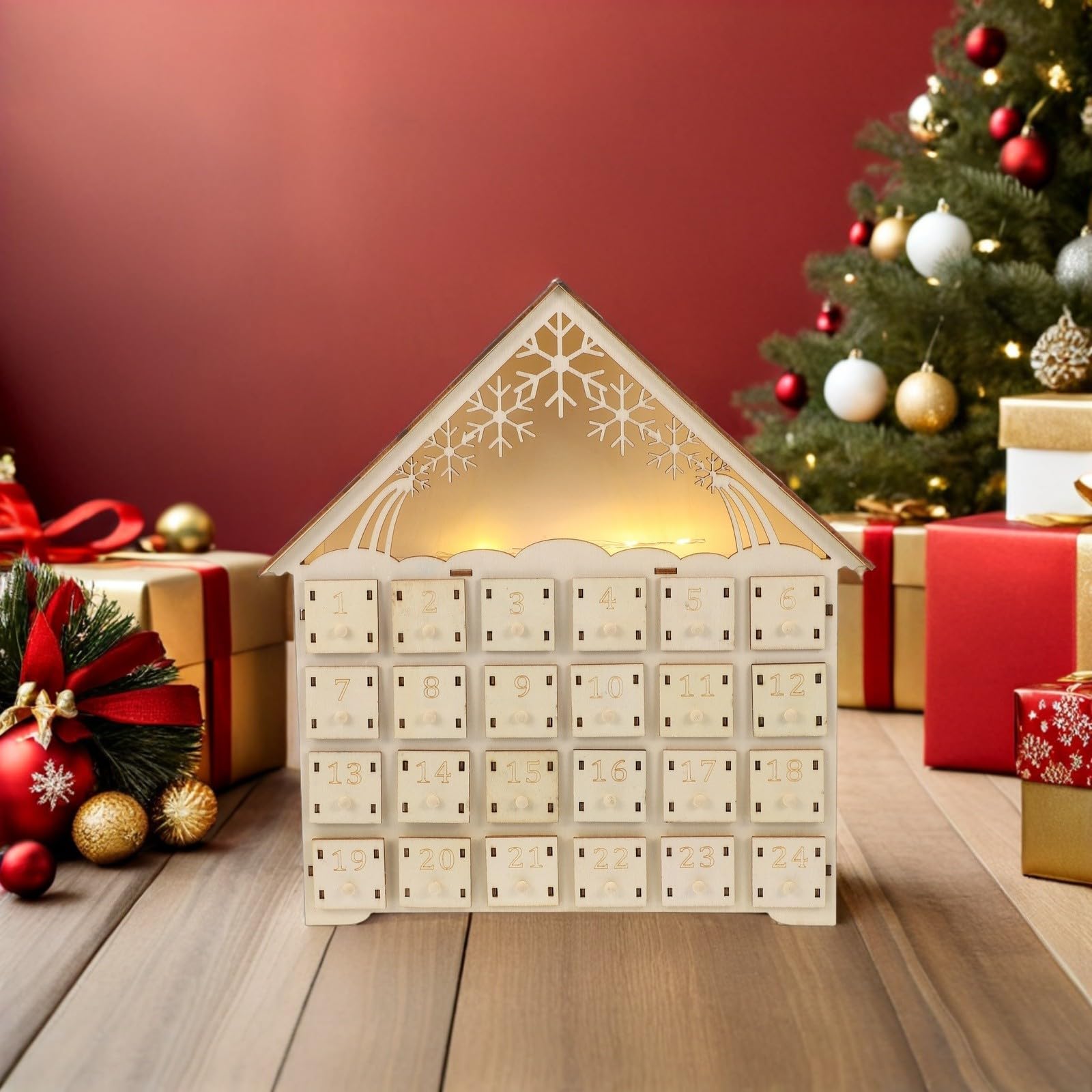 SHINEOFI 3 Stück LED Adventskalender mit 24 Schubladen, Dekorativ, 2025 | Beleuchteter Weihnachtskalender, Wiederverwendbar mit Boxen, für Mantel
