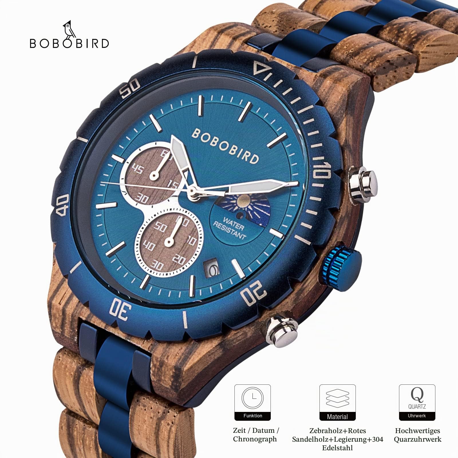 BOBO BIRD Herren Quarz Holzuhren Edelstahl Rot Sandelholz Legierung Holzuhr für Männer Klassische Funktion Armbanduhr Chronograph Leuchtende Zeiger Tag und Nacht Datumsanzeige