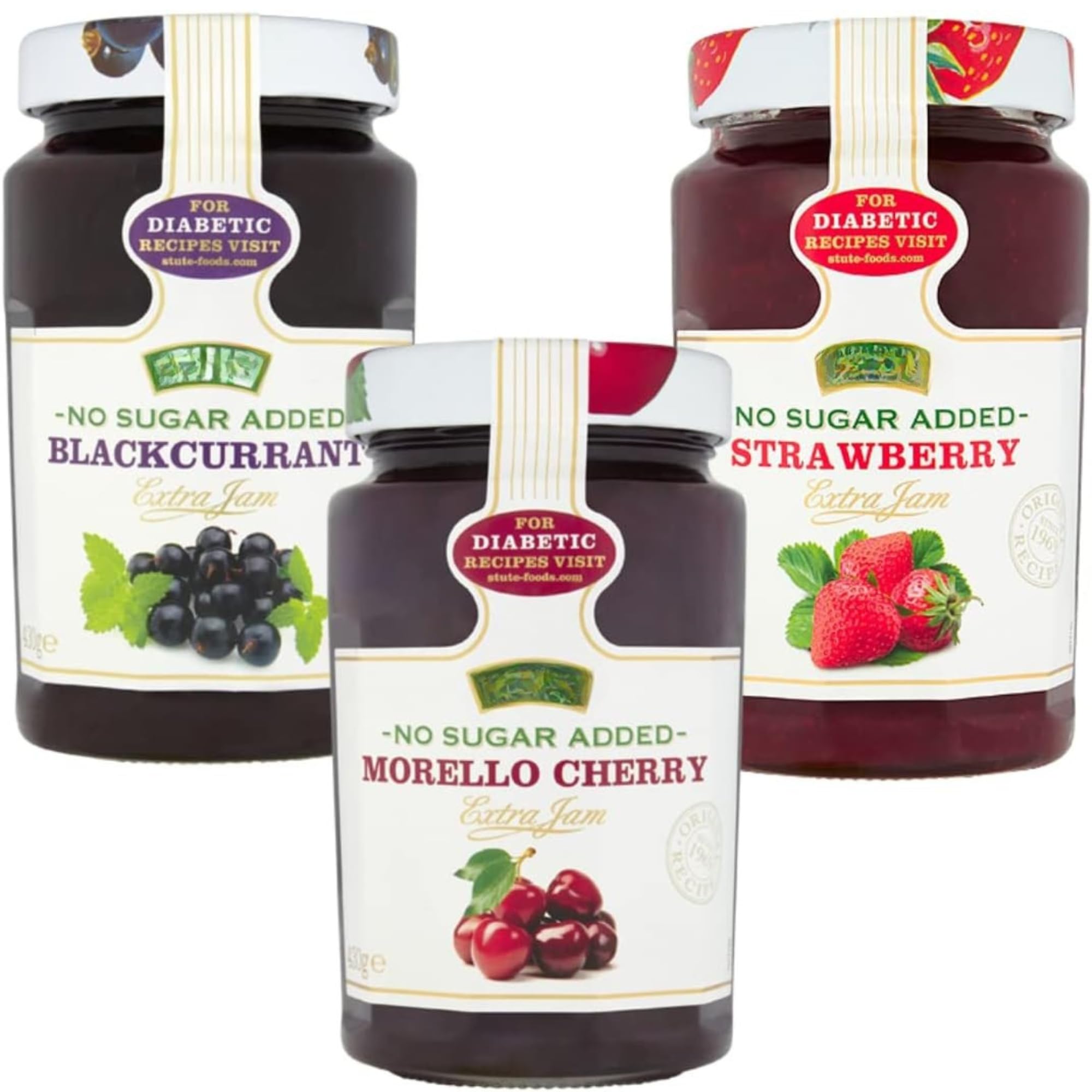 Diabetic Jam Bundle with Stute Diabetic Strawberry Jam 430g, Blackcurrant Jams 430grams & Morello Cherry Jams 430grams (3 Pack)