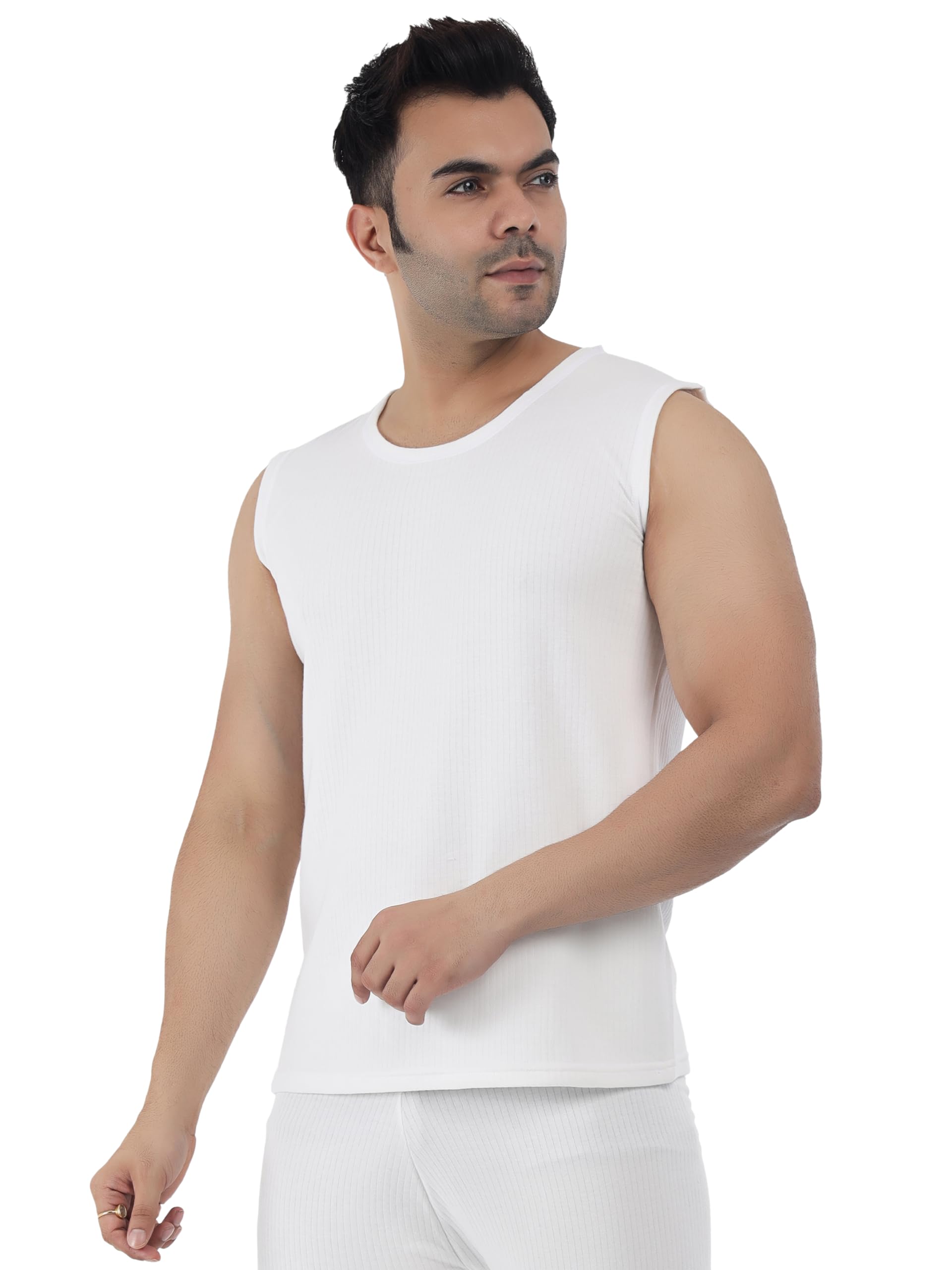 Selfcare Men Soft Solid Thermal Sleeveles Round Neck Top|SW1042-M White 2