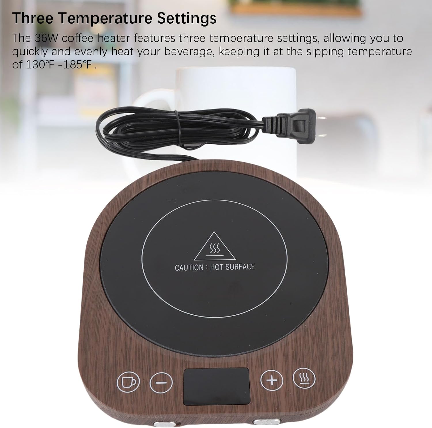 36W Mug Warmer, Cup Heater with 3 Temperature Settings, 5.2 Inch Diameter, US Plug - Auto Shutoff, Large Heating Area, Perfect for Office and Home Use
