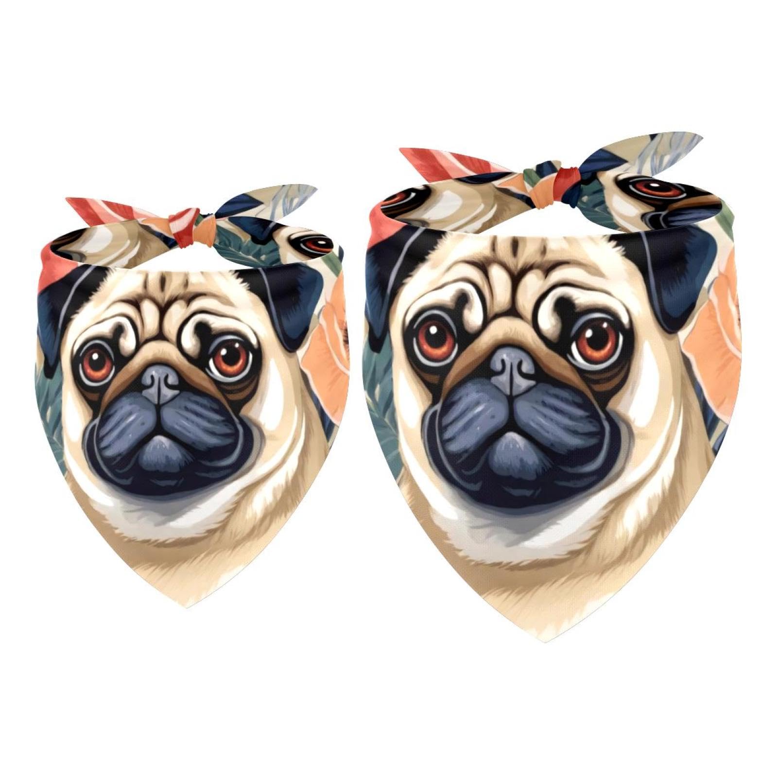 2pcs Pack Dog Bandanas Pug and Florals Triangle Scarf for Small Medium Large Dogs and Cats Pet Kerchief Triangle Scarfs Bibs