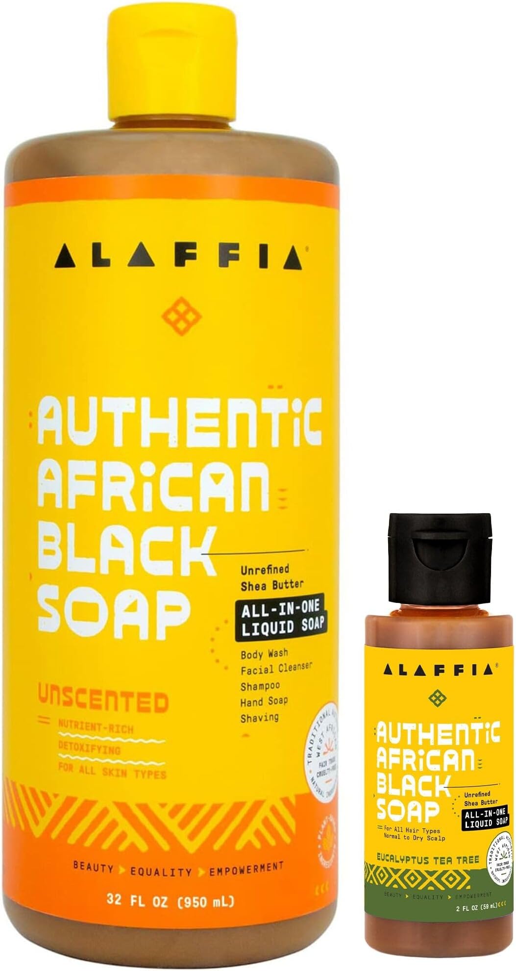 Alaffia Authentic African Black Soap Variety 2-Pack – All-In-One Liquid Soap, Travel-Size Eucalyptus Tea Tree+Full-Size Unscented Body Wash, Face Wash, Shampoo, Shaving Soap