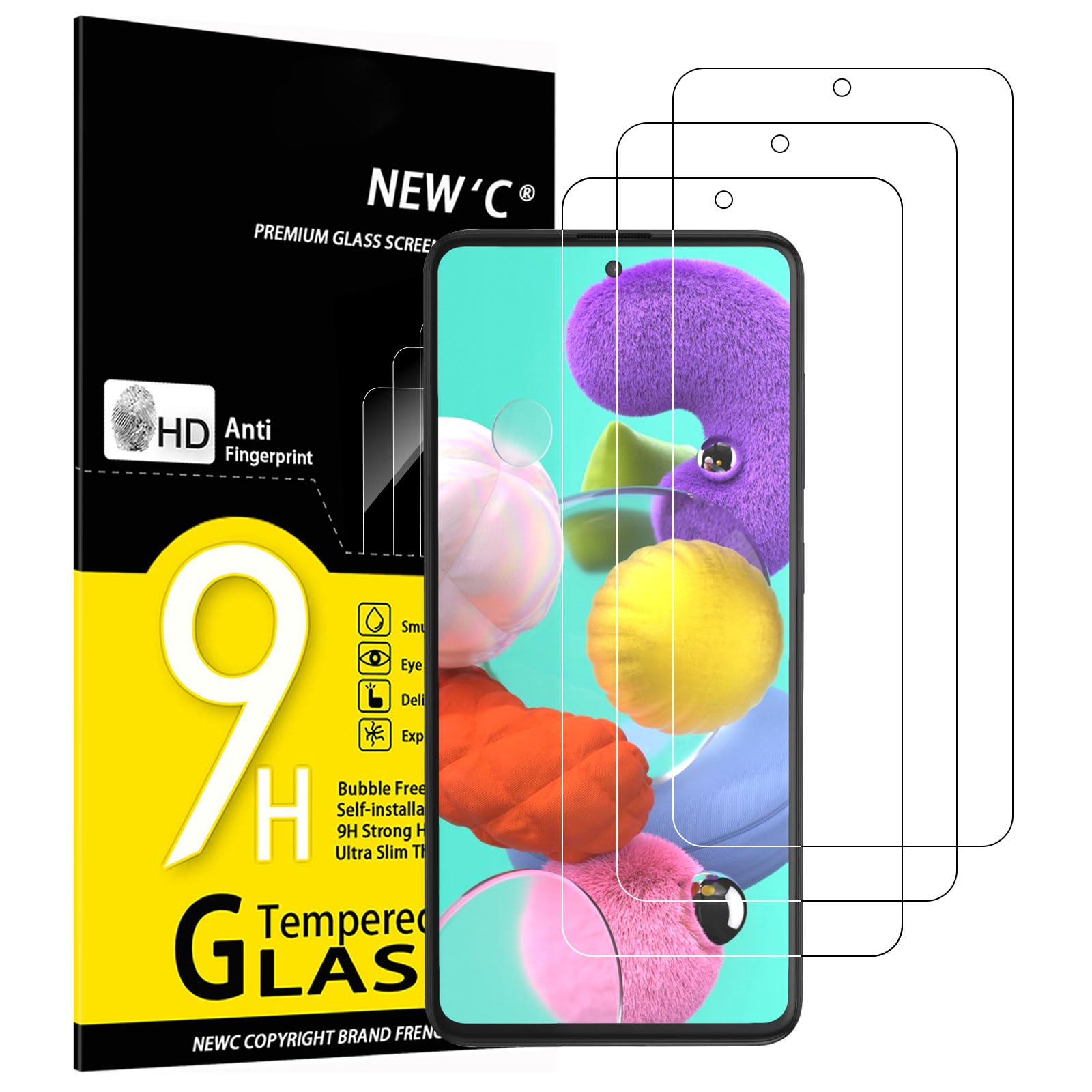 NEW'C 3 Pezzi, Vetro Temperato per Samsung Galaxy A51, Pellicola Prottetiva Anti Graffio, Anti-Impronte, Senza Bolle, Durezza 9H, 0,33mm Ultra Trasparente, Ultra Resistente